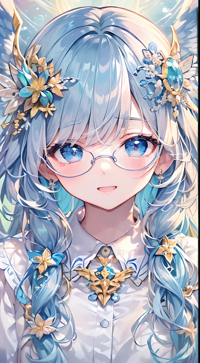 ((masterpiece、top-quality、Official art、Beautifully Aesthetic:1.2))、(the golden ratio:1.2)、(ultra-detailliert:1.3)、(1girl in)、(Fractal Art:1.3)、full body Esbian、((Glitter pupils))、patterns、((colourful hair、Half Blue、Half Light Blue:2))、colourfull、Writing、(heterochromia iridis:Blue right eye and light blue left eye)、(colourfull:1.3)、((The best smile))、(Hyper-detailing), ((delicate detail)), (intricate detailes), ((ciinematic light, best quality backlight)), highcontrast, ((The best lighting, extremely delicate and beautiful)), ((ciinematic light))、(ray trace reflection、brilliance)、((glowing aura))、((Radiant hair))、((The ultra-detailliert))、((write))、Delicate beautiful face and eyes,Focus on Face, masterpiece,Shock sensation、Original 2 High Saturation、((Neat and clean woman))、((night sky full of stars))、(((Shining eyes:1.2))),(((Crystal pupil:1.2)))、(((Crystals in the eye))),(Round glasses)、((High School Uniforms))、(frontage),((From above,))