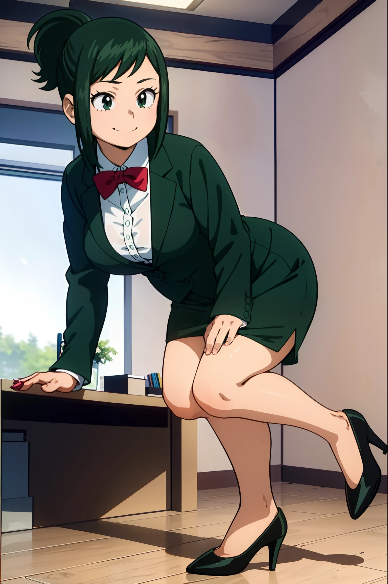 best quality, masterpiece, portrait, 
1girl, midoriya inko, green hair, short hair, short ponytail, green eyes, large breasts, green skirt suit, green blazer, green pencil skirt, black high heels, indoors, office, looking at viewer, smile, full body