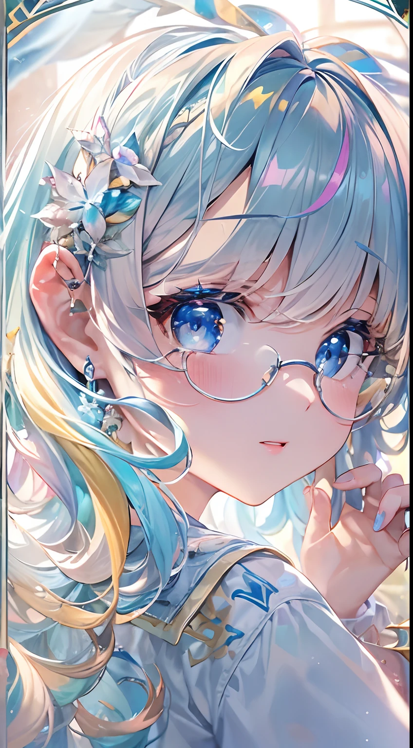 (((masterpiece、top-quality、top-quality、watercolor paiting)))(Curly)、Official art、Beautifully Aesthetic:1.2)、(4girl:1.5)、(Fractal Art:1.3)、The upper part of the body、colourfull、((Ultra-detailed retina:1.5))、embarrassed from、(Midriff)、((Super Detail Eyes:1.5))、(rainbow-colored hair、colourful hair、Half blue and half light blue hair:1.5)、((the Extremely Detailed CG Unity 8K Wallpapers、masterpiece、top-quality))、((ultra-detailliert:1.2))、(The best lighting、Best Shadows、extremely delicate and beautiful)、(the Extremely Detailed CG Unity 8K Wallpapers、masterpiece、best qualtiy、ultra-detailliert)、(The best lighting、Best Shadows、extremely delicate and beautiful)、(the perfect body:1.5)、((High School Uniforms:1.5)),{{{{Dazzling brilliance}}}}、Rainbow Bridge、(masutepiece:1.2), Best Quality, (Illustration:1.2), (Ultra-detailed), hyperdetails, (delicate detailed), (Intricate details), (Cinematic Light, best quality backlight), solo women, Perfect body, (4girl), (Best Illumination, extremely delicate and beautiful), Cinematic Light、【emblem:Irridescent color 】、【emblem】、【emblem】、with white angel wings proportional to the body,,,,,,,,,,blue-sky、Sunnyday、eye glass
