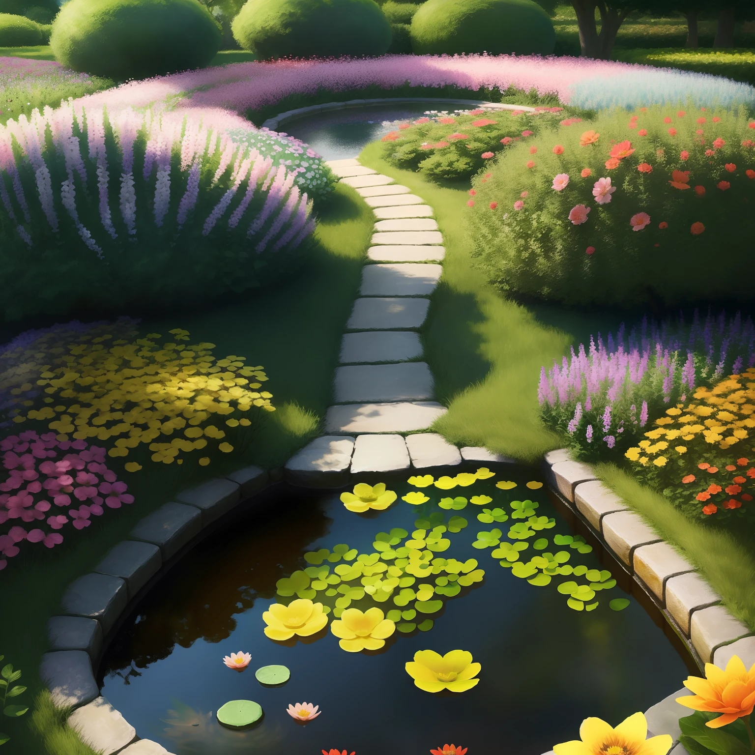There are many flowers,grove,Fish pond Pebble road