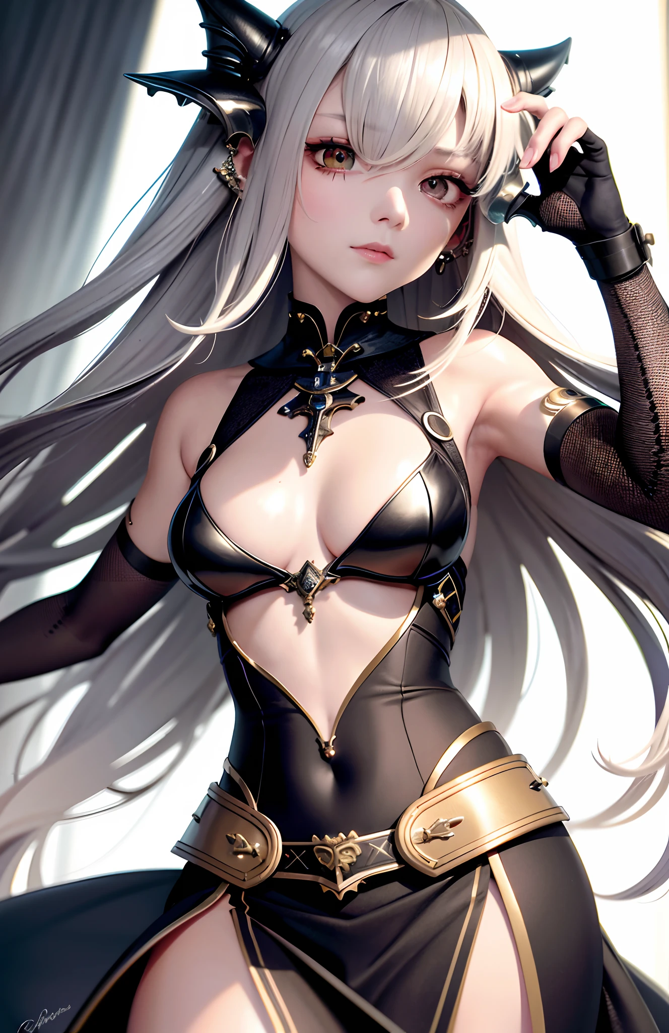 optimum,tmasterpiece,A high resolution,best qualtiy,hyper HD,super detailing,Award-Awarded,16k,独奏,(The upper part of the body),anatomy correct,Beautiful steampunk girl,Lady Knight,cute face,high light,Gradient Beige Hair,Hairline,((Scarlet eyes)),Metal eye patch,long eyelasher,Hanging eye corners,White skin of the,(small boobs),(Slim body),((Sheet metal armor)),((Metal skirt armor)),((Metal arm armor)),(),ear studs,(neck rings),(Metal Material Apparel:1.2)