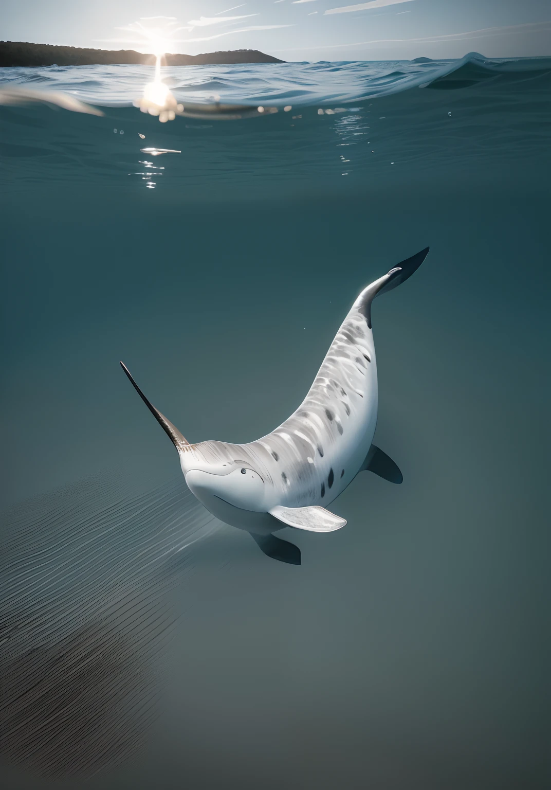 There is a black-and-white photo of a narwhal in flight, narwhal, subreddit / r / whale, flying whale, whale, ivan seal, space magical whale, space whale, marine animal, [ Realistic photo ]!!, isolated on a white background, Fluttering bull nets, author：Shinji Aramaki, very accurate photo, Realistic illustration