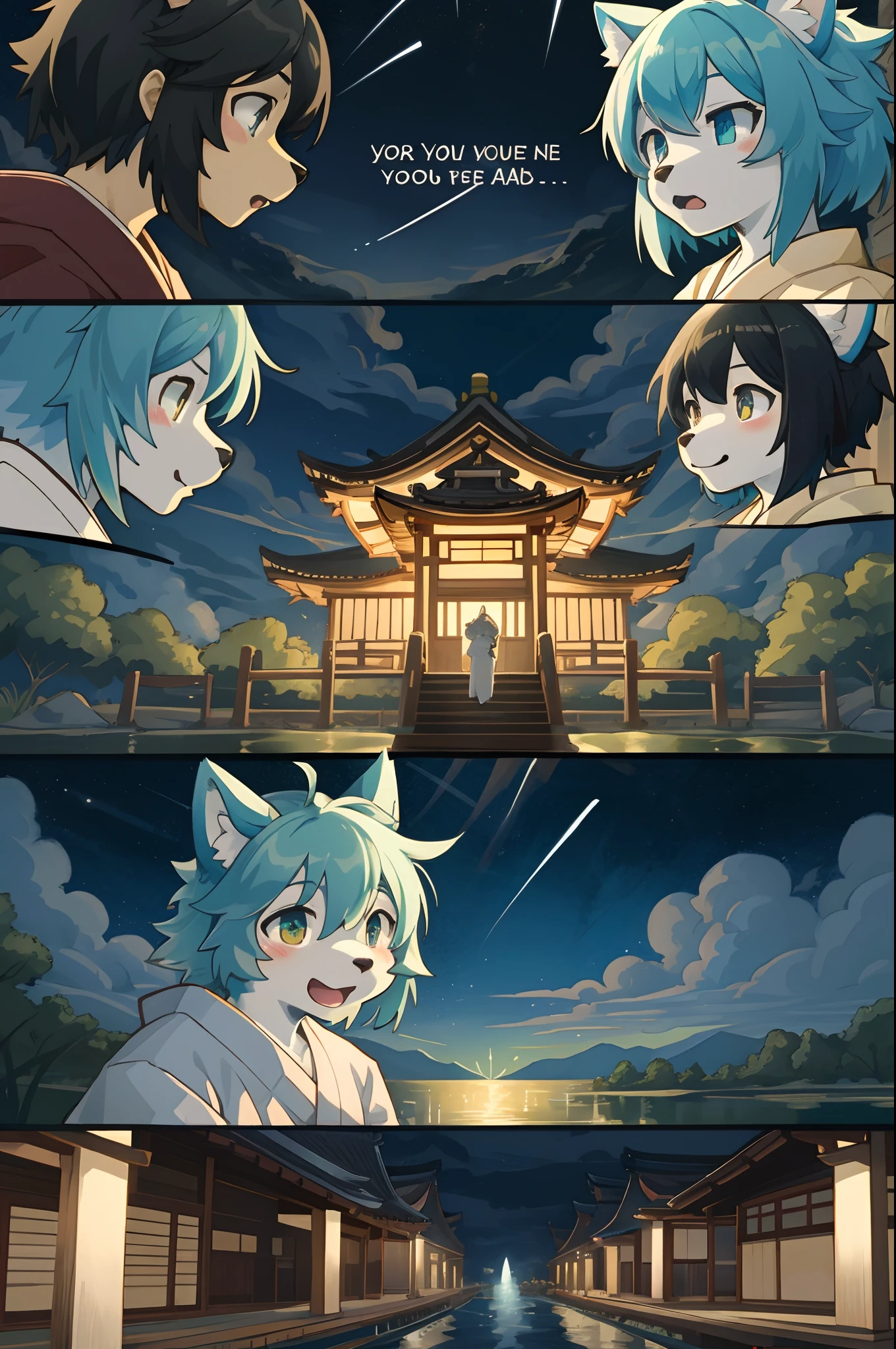 top quality, best quality, highres, masterpiece, super high resolution, detailed background, lake, nigh sky, firework, japanese yukata, 6+boys, 6+girls, absurdres(highly detailed beautiful face and eyes)perfect anatomy, good lighting, cinematic shadow(kemono, furry anthro)assorted expressions, assorted poses, assorted angles, full body, upper shot, dynamic angle(girls comic-like panel layouts, speech balloon, English text, Hand-drawn sound effects stickers used in girls comic),