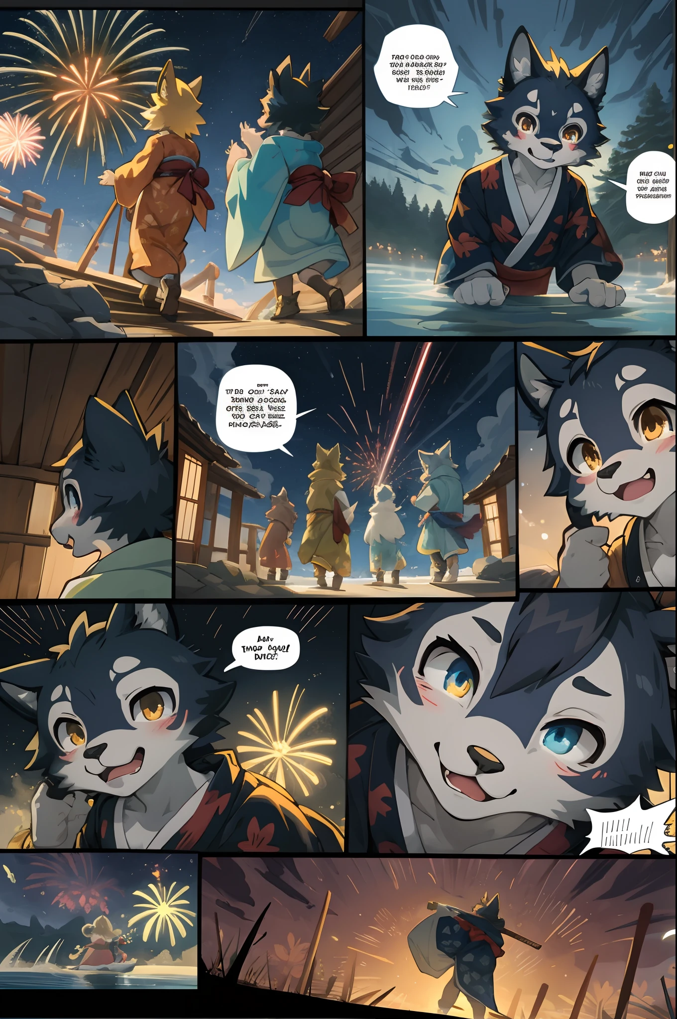 top quality, best quality, highres, masterpiece, super high resolution, detailed background, lake, nigh sky, firework, japanese yukata, 6+boys, 6+girls, absurdres(highly detailed beautiful face and eyes)perfect anatomy, good lighting, cinematic shadow(kemono, furry anthro)assorted expressions, assorted poses, assorted angles, full body, upper shot, dynamic angle(girls comic-like panel layouts, speech balloon, English text, Hand-drawn sound effects stickers used in girls comic),