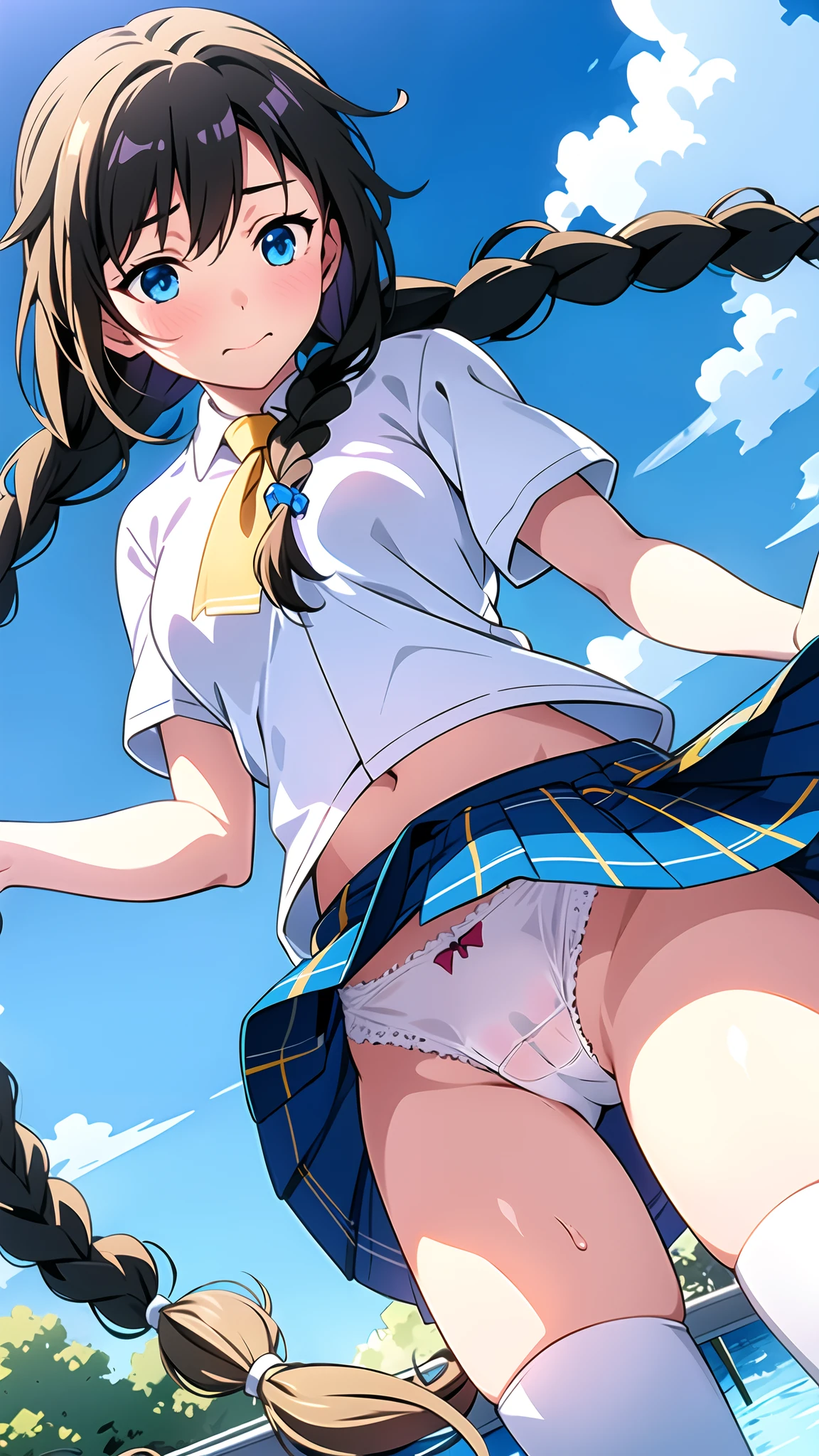 masterpiece, best quality, 1girl, solo, tazune rirei, black long hair, (blush), embarrassed, white shirt, short sleeves, realistic white panties, ((twin braid hair)), , nsfw, crotch seam, Cameltoe, wet, in the sky, yellow hair ornament, blue plaid skirt, falling