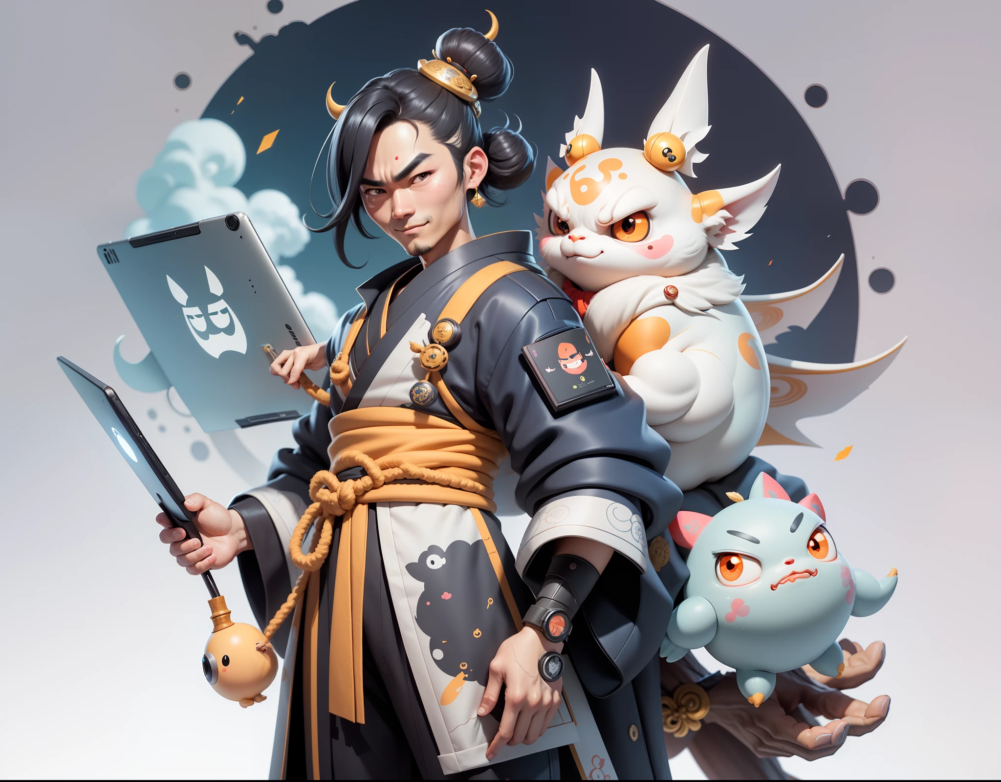 (Daisaku),(Need),(Super meticulous),(full bodyesbian:1.2),Japanese ukiyo-e girl，japanese geisha，Beautiful，Oriental dragon，Aeolian Thor，Raised ????，爆乳，Oriental face，TV Anchor，Bust portrait illustration，Alone，In black suit，a blue tie，The face is slightly chubby，The face was clean，without a beard，Black super short hair，Black eyes，Smile confidently，3C computer sub-products，iPad， iphone，Digital painting，3D character design by Mark Clairen and Pixar and Hayao Miyazaki and Akira Toriyama，The illustration is a high-definition illustration in 4K resolution，With very detailed facial features and cartoon-style visuals。