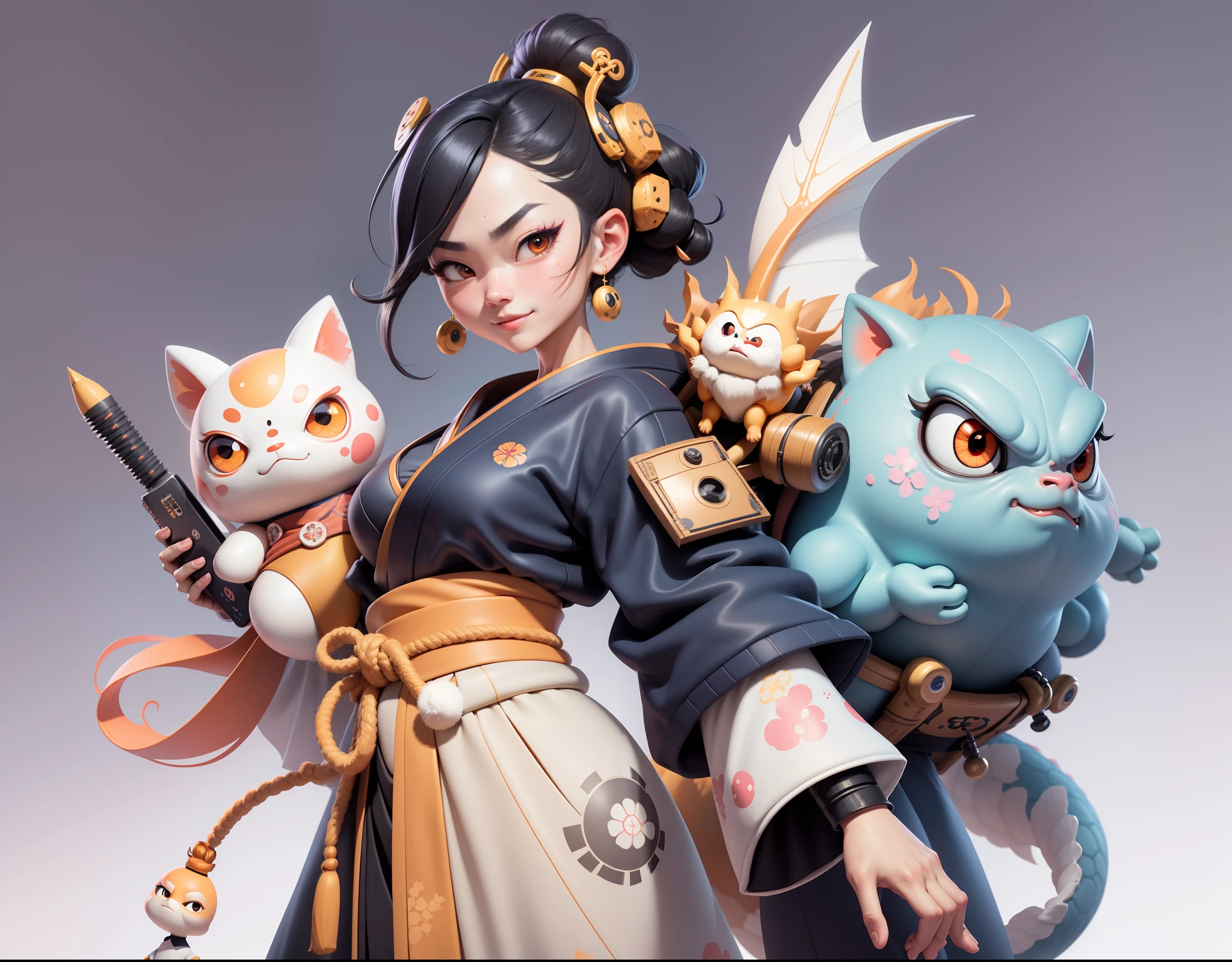 (Daisaku),(Need),(Super meticulous),(full bodyesbian:1.2),Japanese ukiyo-e girl,japanese geisha,Beautiful,Oriental dragon,Aeolian Thor,Raised sexy,爆乳,Oriental face,TV Anchor,Bust portrait illustration,Alone,In black suit,a blue tie,The face is slightly chubby,The face was clean,without a beard,Black super short hair,Black eyes,Smile confidently,3C computer sub-products,iPad, iphone,Digital painting,3D character design by Mark Clairen and Pixar and Hayao Miyazaki and Akira Toriyama,The illustration is a high-definition illustration in 4K resolution,With very detailed facial features and cartoon-style visuals。