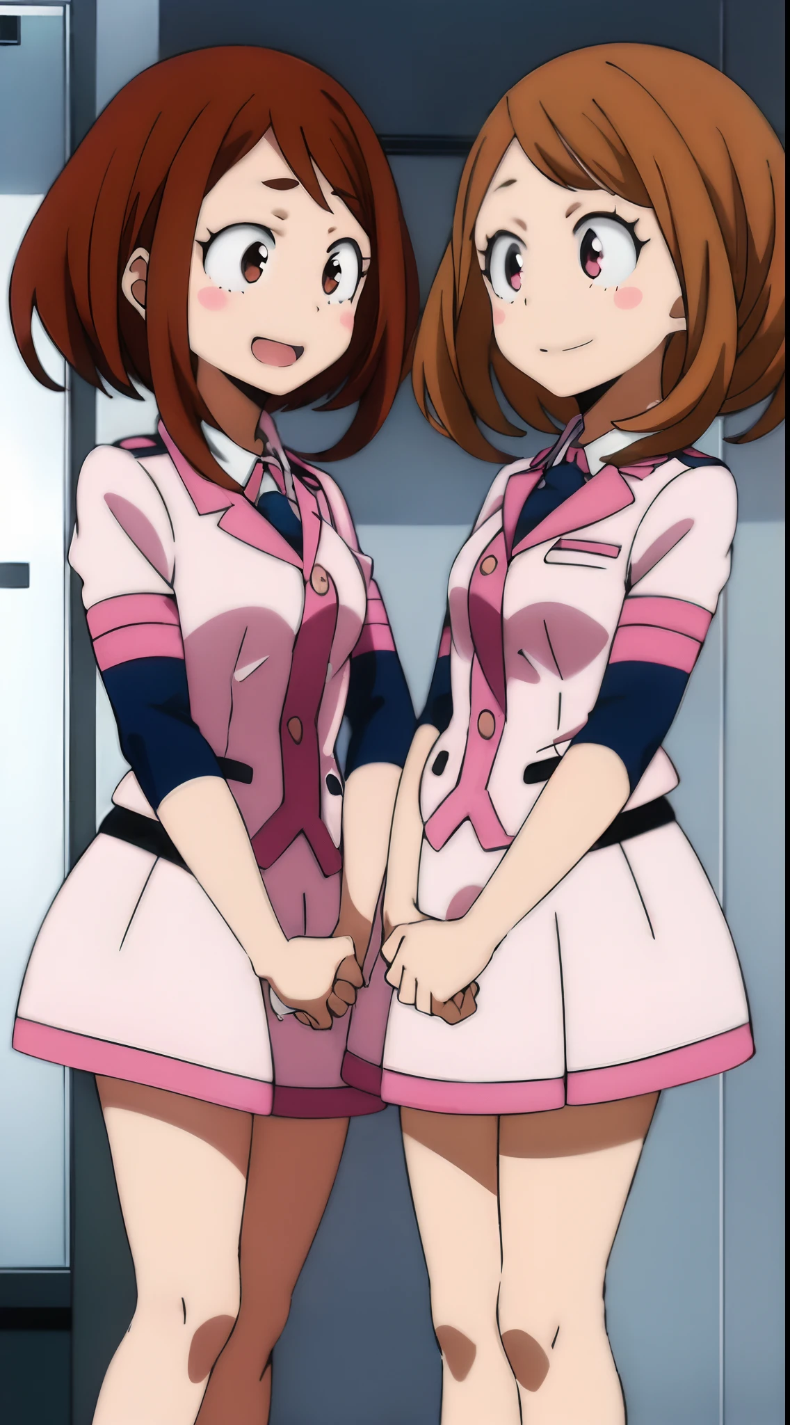 ochaco_uraraka, 2girls, duo, pink skirt suit, necktie, blush_stickers, pink pencil skirt, open_mouth, looking_at_viewer, smile, pink blazer, :d, long_sleeves, teeth, shirt, white_shirt, blush, cowboy_shot, standing, indoors, office, full_body, high_heels, twins, clones, matching outfits, matching hairstyles, matching faces