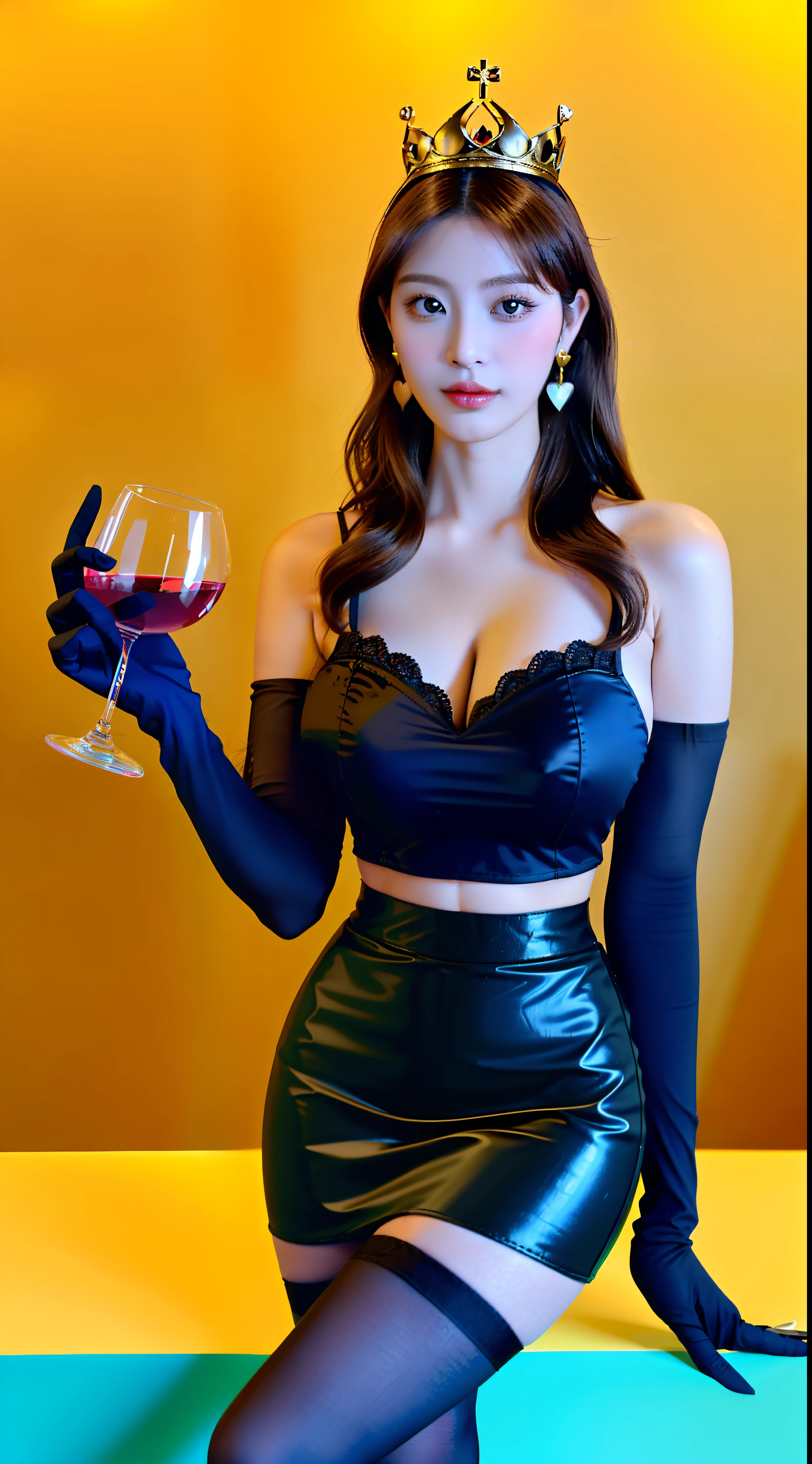 yor briar,(realisticlying),16-year-old beautiful girl,，BDSM，Moist body：1.5，cropped shoulders,Black hip skirt,Black gloves,brunette color hair,beauty breast,Perfect figure,耳Nipple Ring,Emoji seduction,Wearing white gloves,Gold earrings，Blonde hair hoop，Headbands，jewelry，huge tit，Brown hair long，hair straight，cropped shoulders，Pink heart-shaped pupils，solo , high-heels, Black stockings，upper legs,Asian women，A queen，Wine glass in hand，，pantyless，The crotch opens，Perfect figure，sneering，legs in M shape，Pink heart-shaped pupils，8K，（170cm tall），BDSM，masochisme，Shake M，Raised sexy，Sit Pose，Look forward，Gaze teasing，slaves