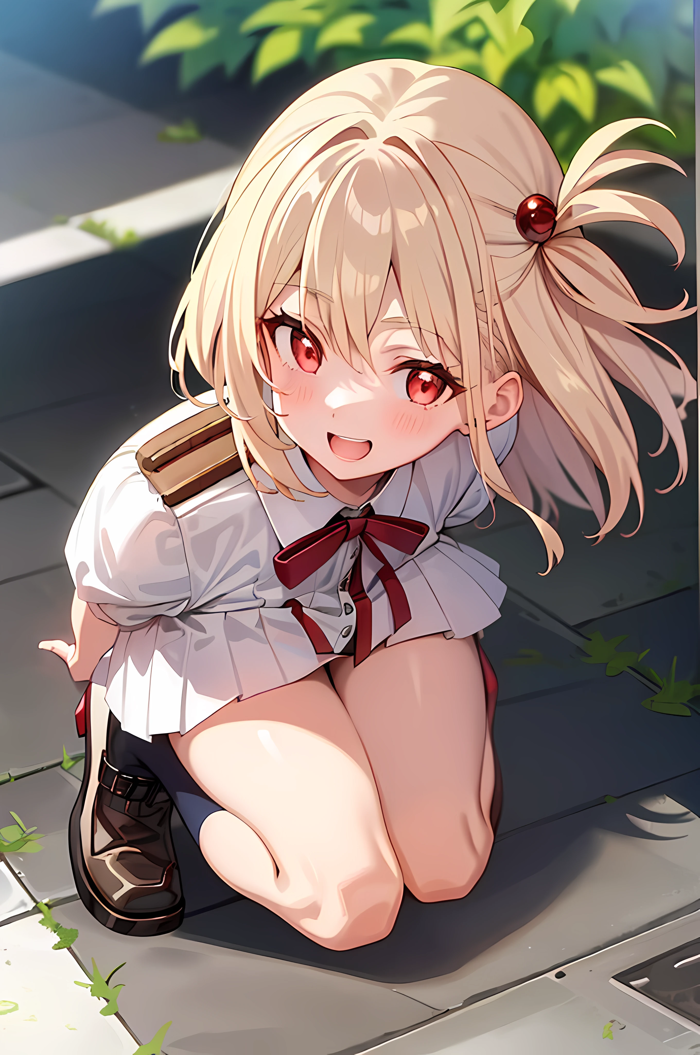 1 girl, Double V, breast enhancement, Outdoor, alley, cheerfulness, Kneeling, From above, looking at viewert, After, platinum blond hair, Medium hair, Red eyes