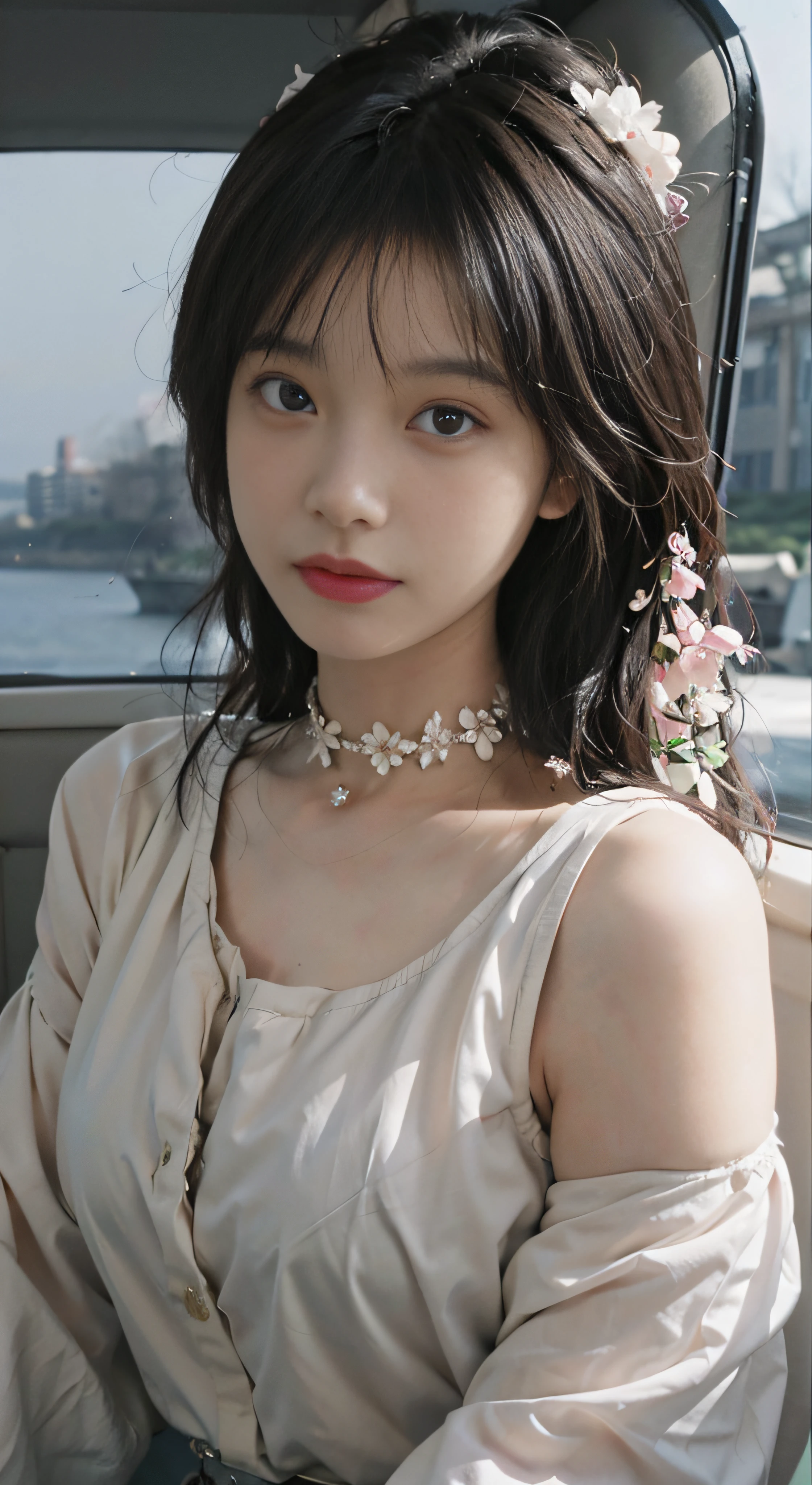 best qualtiy,tmasterpiece,超高分辨率,(realisticlying:1.4),1girll,Large wavy curls,二重まぶた,A pair of peach blossom eyes,Pure,Stunner,choker necklace,adolable,Snow-white translucent skin,head straight-looking at viewer,On the yacht,Full of atmosphere,formal outfit, tiese, Pure,hair pin:1.4,(The upper part of the body:1.4),