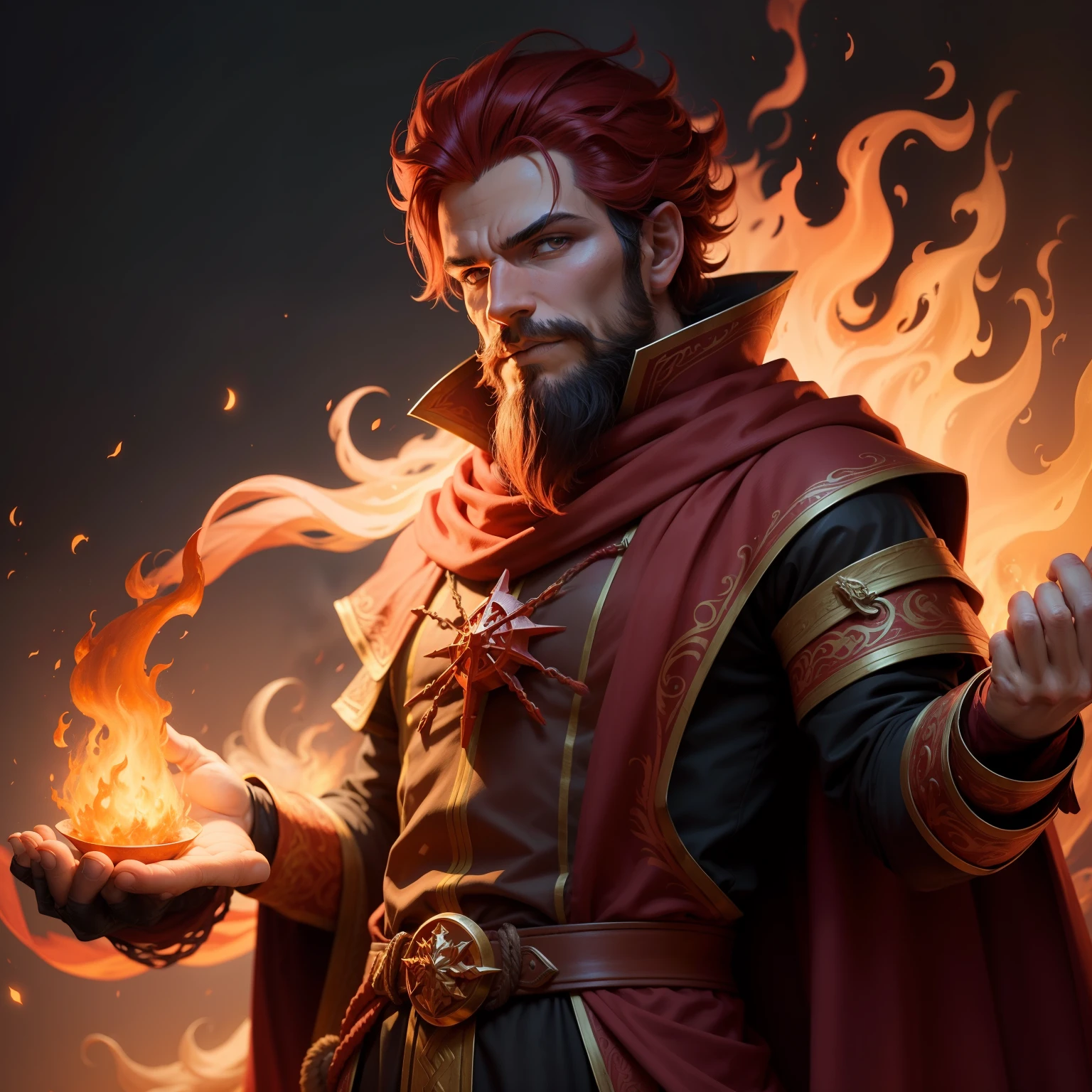 Fire Sorcerer ,flaming hands ,d&d personagem ,Capa longa Flamejante ,Meio Elfo Homem Adulto ,Meio elfo com Barba ,Traje Vermelho