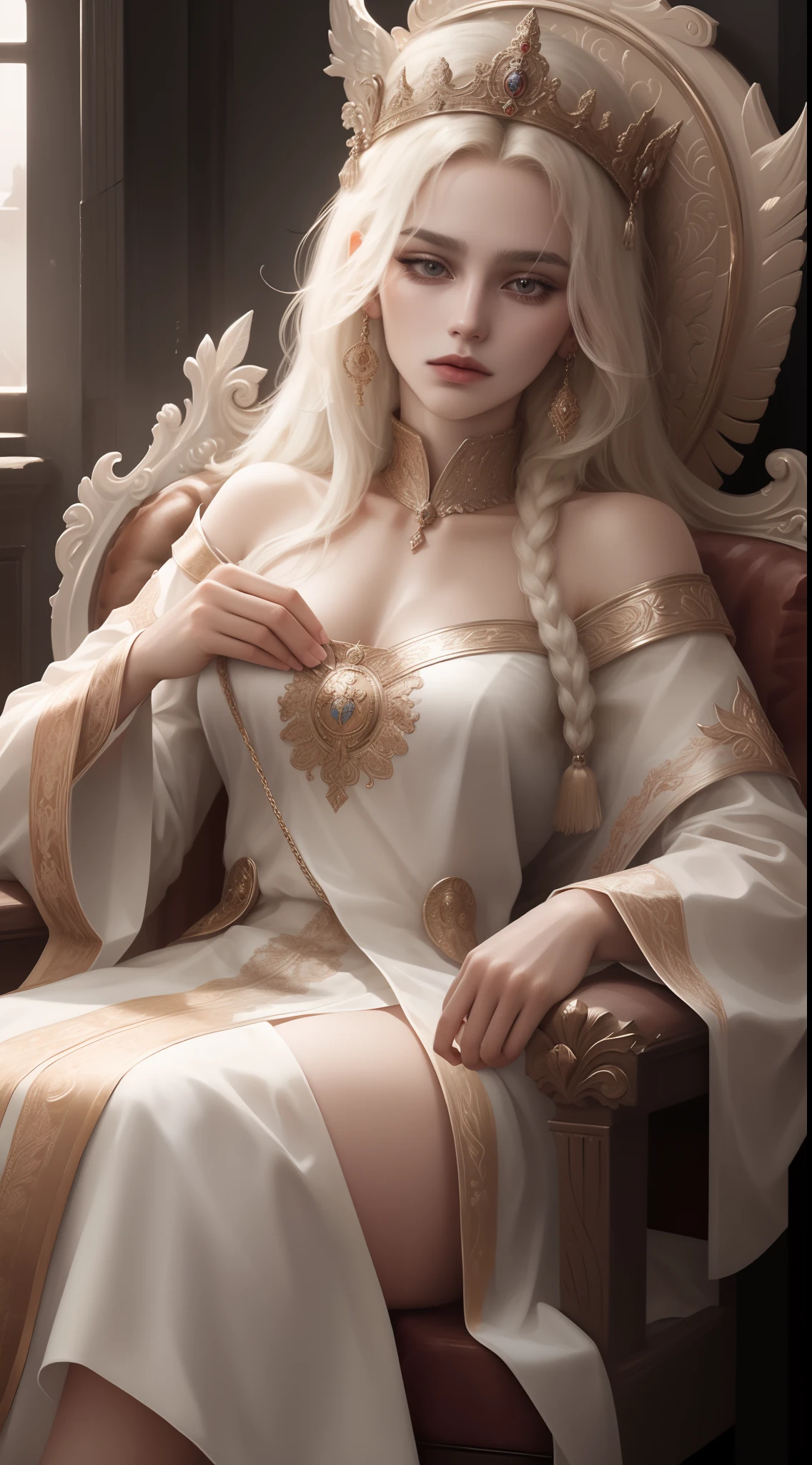 White European Greek goddess in a golden dress, Golden crown, Something holding a crystal, Sitting on a throne, northern lights background，Snow-white complexion，Noble