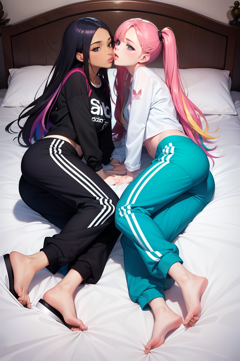 Beautiful lesbians with pink hair kissing on the bed naked in the twist and only with adidas pants dressed and with the image with the full body and kiss, anime 2d