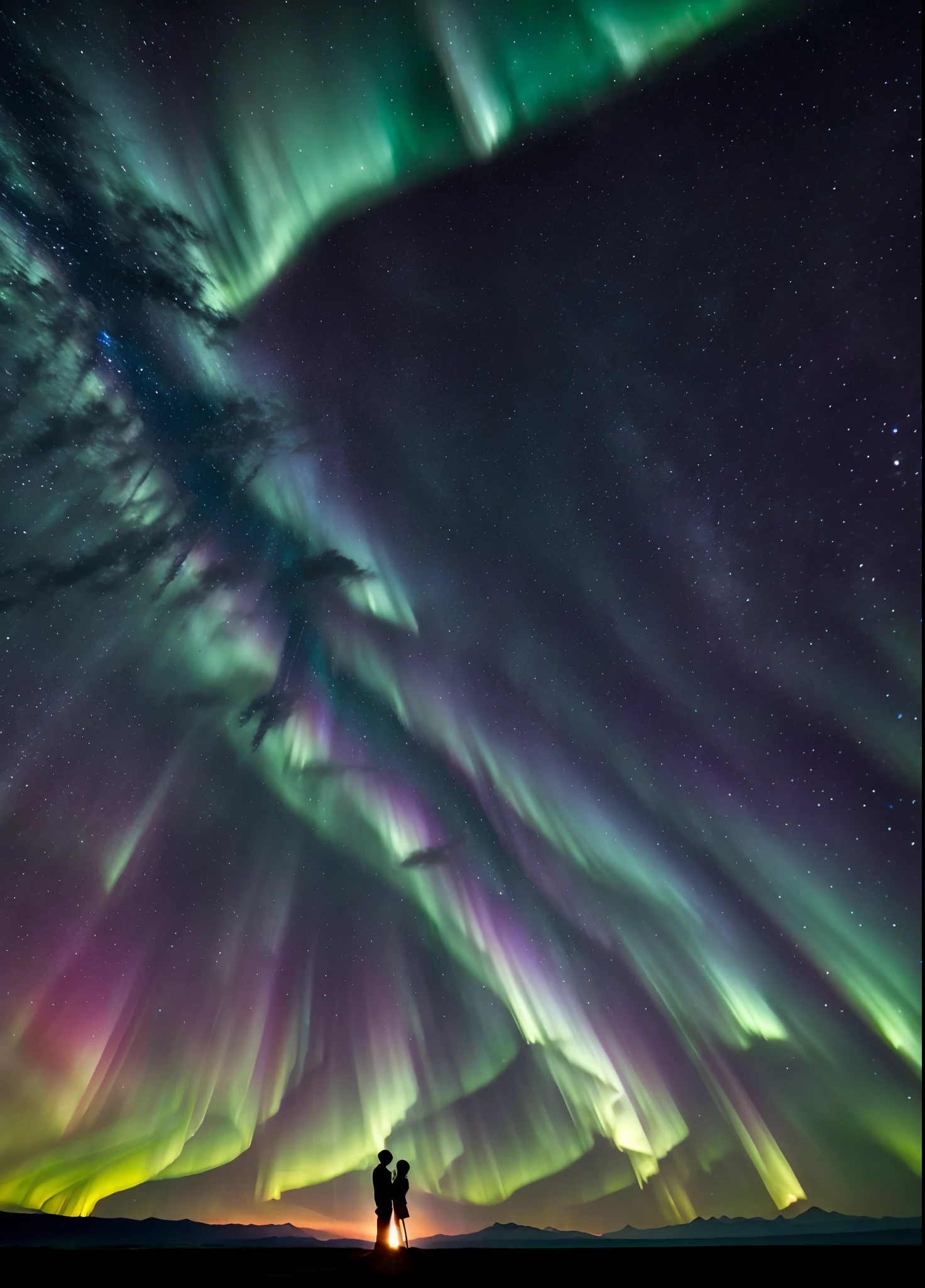 Beautiful landscapes on earth、Beautiful 8K wallpapers、Mare、mont、Aurora、starrysky、Raw photo、Very advanced、Convoluted、(digitalart:0.9)、hight resolution、magnifica、8k wallpaper、ighly detailed、Convoluted、Silhouette of lovers in love in the background