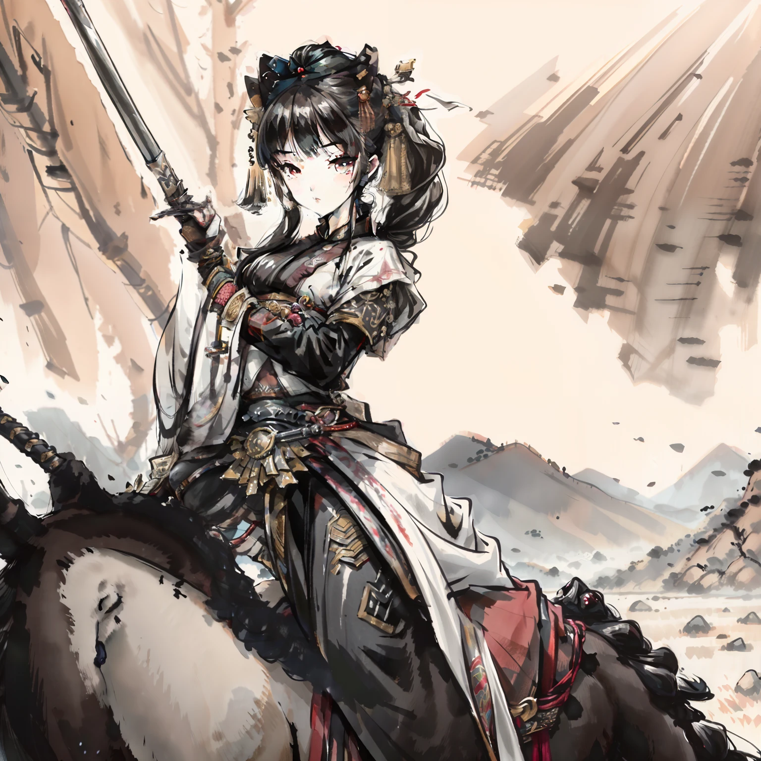 A beautiful Chinese girl riding on a steed，Tough and dashing personality，Like a warrior，without a hat，Body flat，Dressed in black Hanfu，Long black hair and high ponytail，Holding a long sword in one hand，Hold the reins in one hand，There were blood stains on the face and sword，On the battlefield。There were many soldiers and comrades on horseback，They all have weapons，The expression is resolute，The background is the Chinese desert grassland in winter，The climate is harsh，with mountains in the distance。
