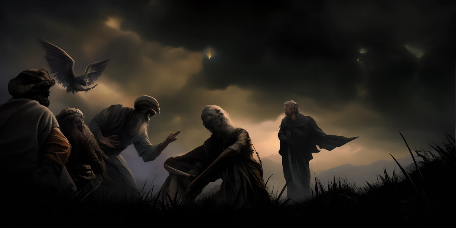 Painting of a group of people standing in a field with a bird flying overhead, arte de fundo, bible illustration, dramatic artwork, dramatic illustration, epic biblical representation, Directed by: Ludwik Konarzewski, Papel de parede - 1 0 2 4, Godrays pintura digital, biblical painting, Directed by: Jason Felix, Mito grego pintura digital, prophetic art, dramatic concept art