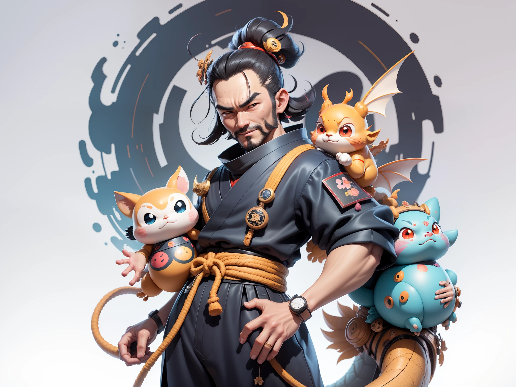 (Daisaku),(Need),(Super meticulous),(full bodyesbian:1.2),Japanese ukiyo-e girl,japanese geisha,Beautiful,Oriental dragon,Aeolian Thor,Raised sexy,爆乳,Oriental face,TV Anchor,Bust portrait illustration,Alone,In black suit,a blue tie,The face is slightly chubby,The face was clean,without a beard,Black super short hair,Black eyes,Smile confidently,3C computer sub-products,iPad, iphone,Digital painting,3D character design by Mark Clairen and Pixar and Hayao Miyazaki and Akira Toriyama,The illustration is a high-definition illustration in 4K resolution,With very detailed facial features and cartoon-style visuals。