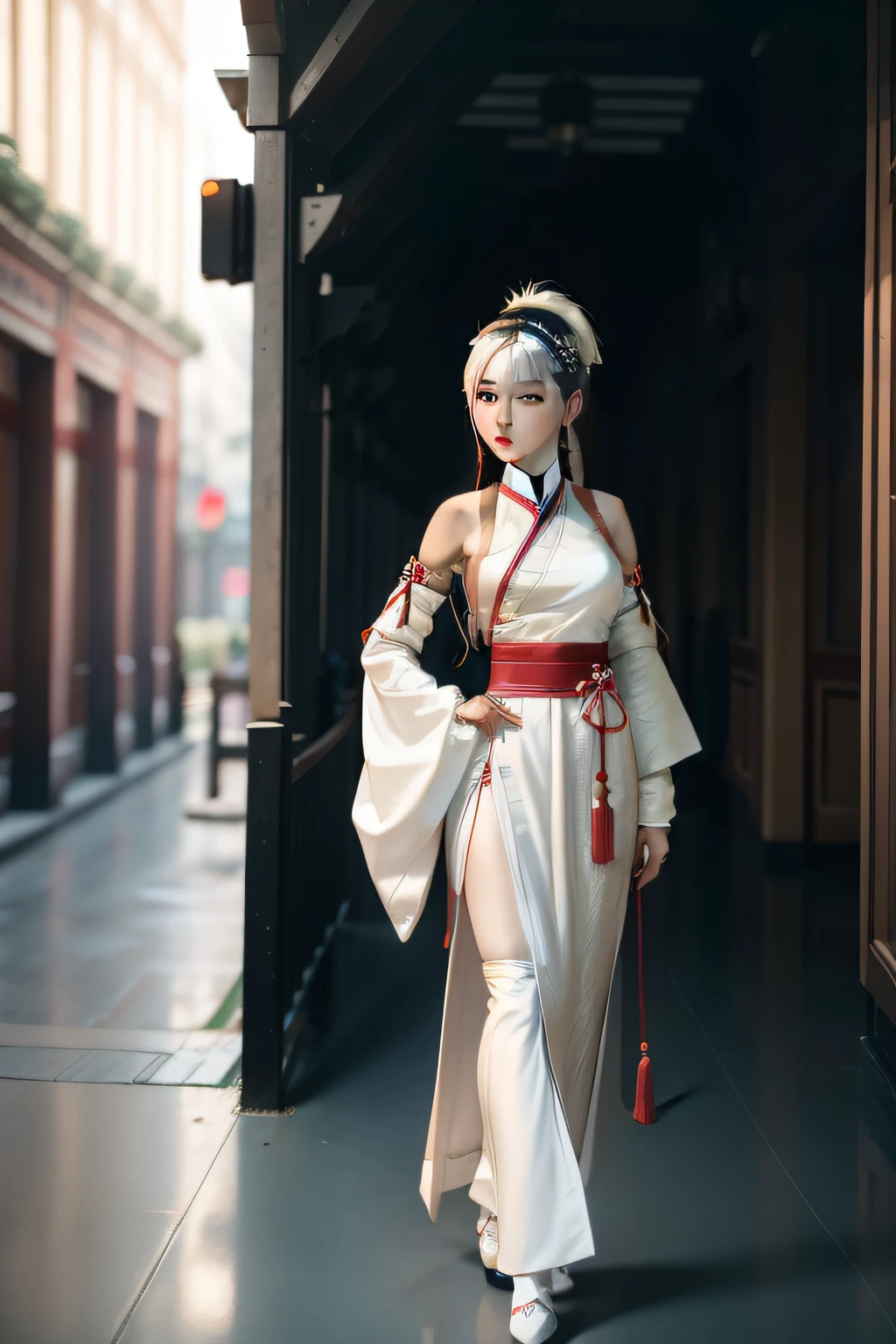Hanfu,pony tails,sideface,White color hair,best qualtiy,Full body like,Textured skin,