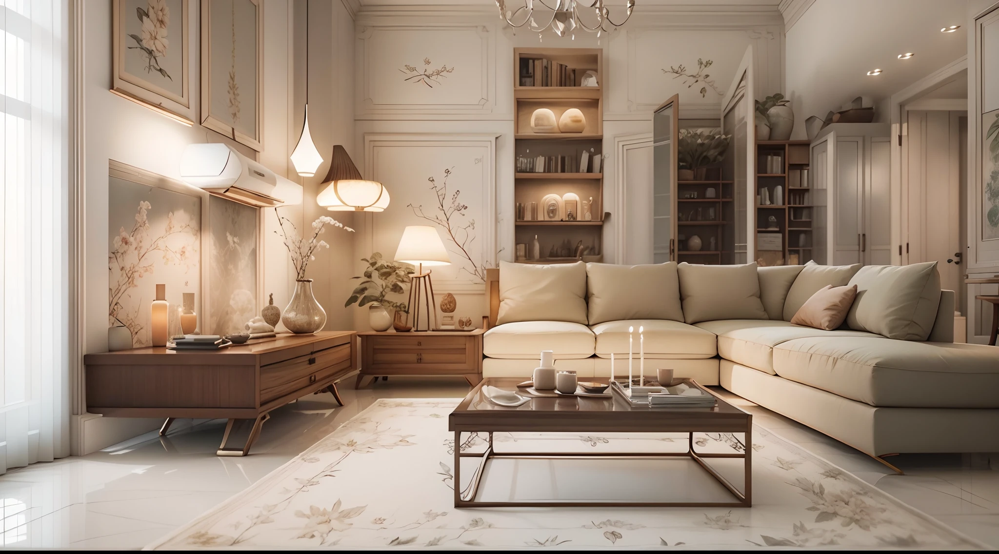 （tmasterpiece、melhor qualidade：1.4），Design de interiores，Extra-long lounge、in a panoramic view、Wide angles，Estilo retro brasileiro，simples，Pitoresca，light-coloured furniture，varanda，janelas，Candeeiro de parede simples，Vento conciso，largo，a 3D render、cozy indoor lighting、8k