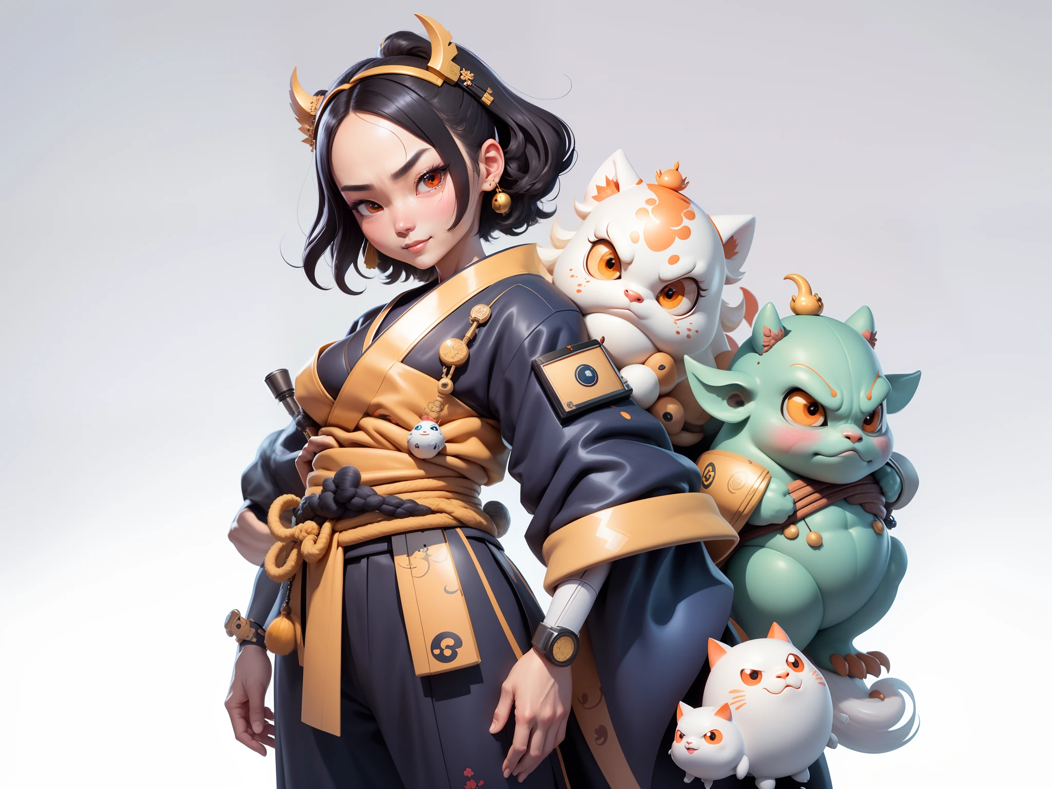 (Masterpiece), (Extreme Quality), (Super Meticulous), (Full Body: 1.2), Super Young Woman, Japanese Female Geisha, Beauty, Chinese Dragon, Tiger, Fengshen Thor, Sexy, Bursting, Oriental Face, TV Anchor, Bust Portrait Illustration, Alone, Black Suit, Blue Tie, Slightly Chubby, Very Clean Face, No Beard, Black Super Short Hair, Black Eyes, Confident Smile, 3c Computer Sub-Products, iPad, iPhone, Digital Painting, 3D character design by Mark Clairedon and Pixar and Hayao Miyazaki and Akira Toriyama, the illustrations are HD illustrations in 4K resolution with highly detailed facial features and cartoon-style visuals.