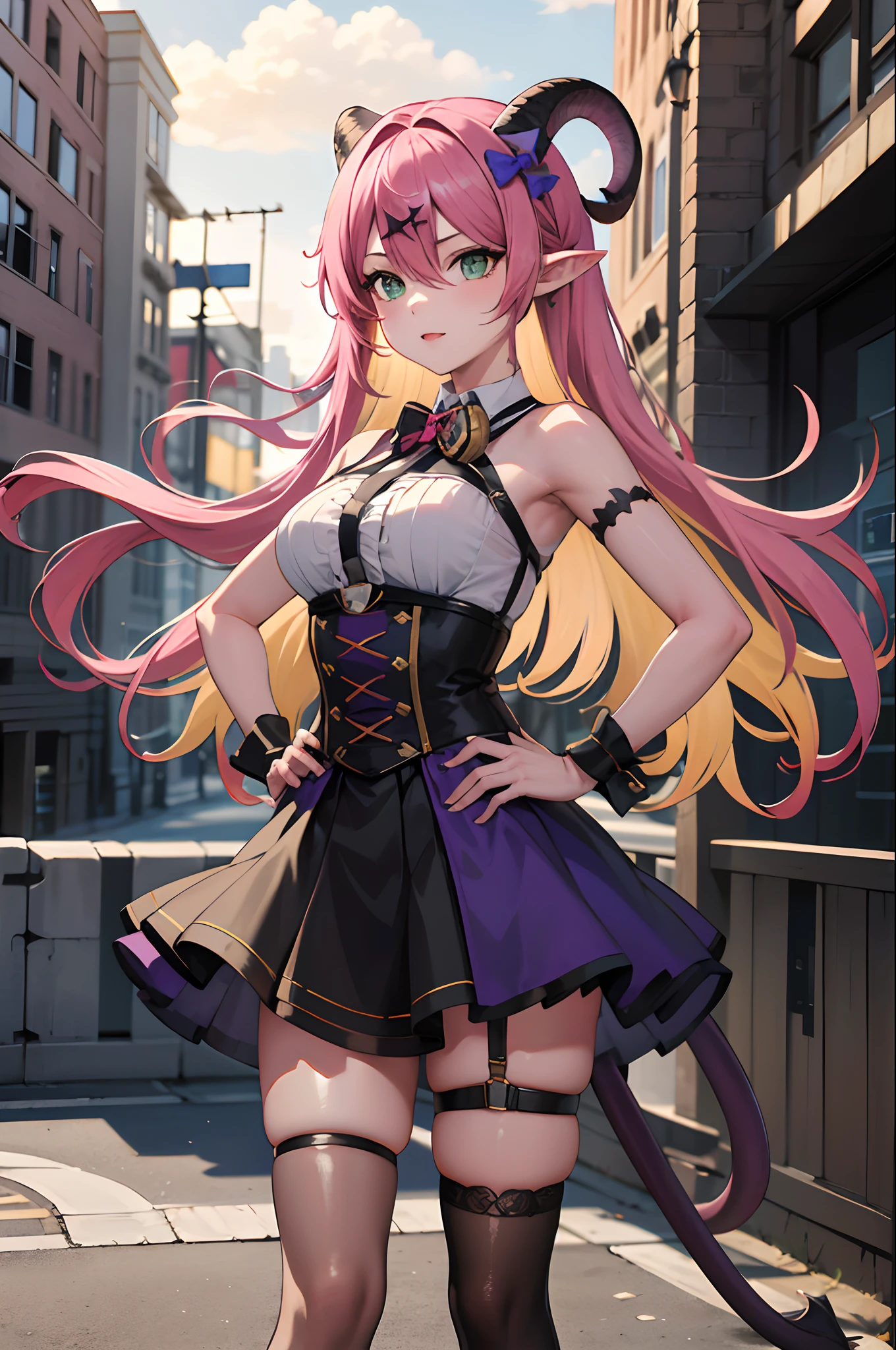 masterpiece, best quality, highres, aloe1, 1girl, solo, pointy ears, multicolored hair, asymmetrical horns, demon horns, hair ornament, blonde hair, chest harness, thighhighs, long hair, asymmetrical legwear, pink hair, sleeveless, bare shoulders, demon tail, thigh strap, wrist cuffs, green eyes, arm strap, skirt, horn bow, mismatched legwear, sleeveless horn ornament, bangs, headphones around neck, uneven legwear, hair between eyes,  outdoors, hand on hip,