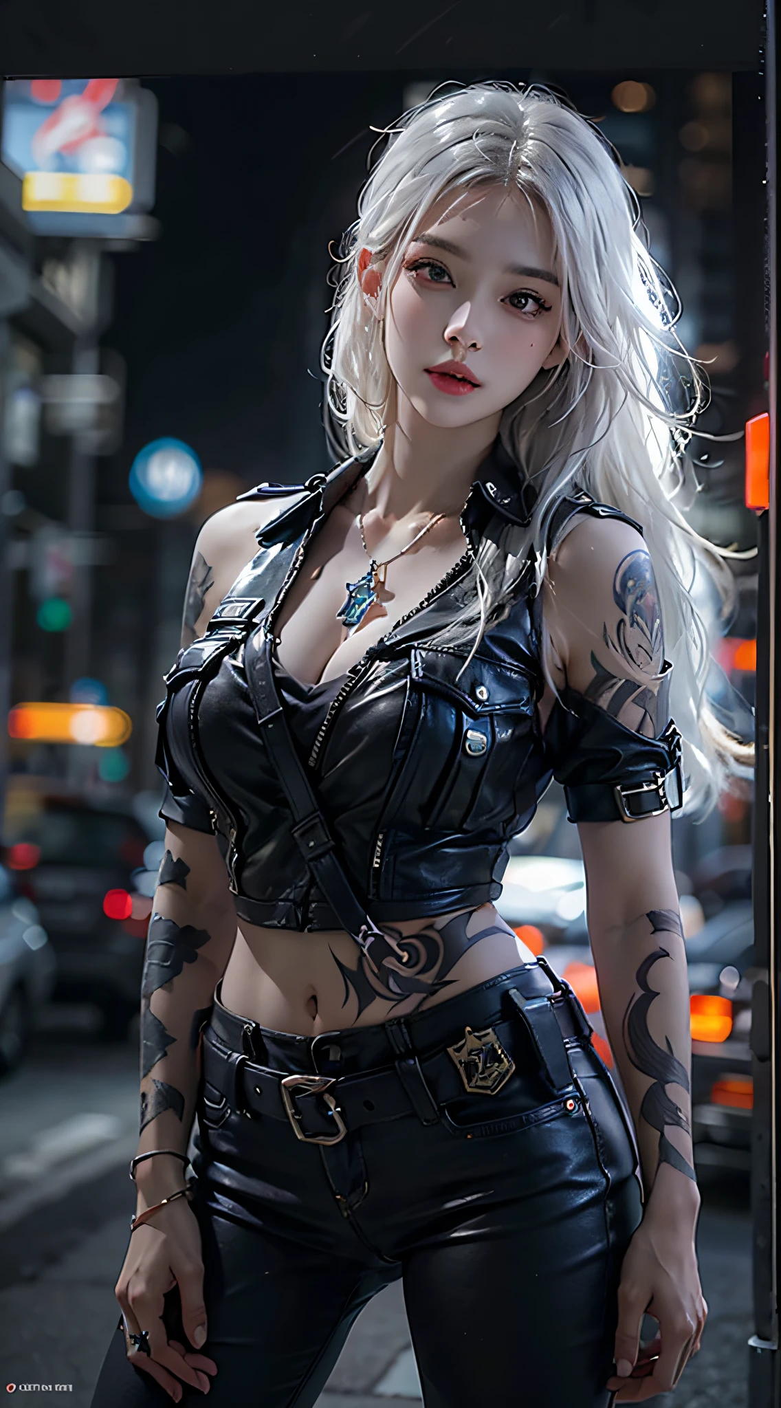 Photorealistic, very high res, Soft light,1womanl, Solo, Hips up, (Detailed face),tattoo, jewelry, Night City, Police uniform, White hair