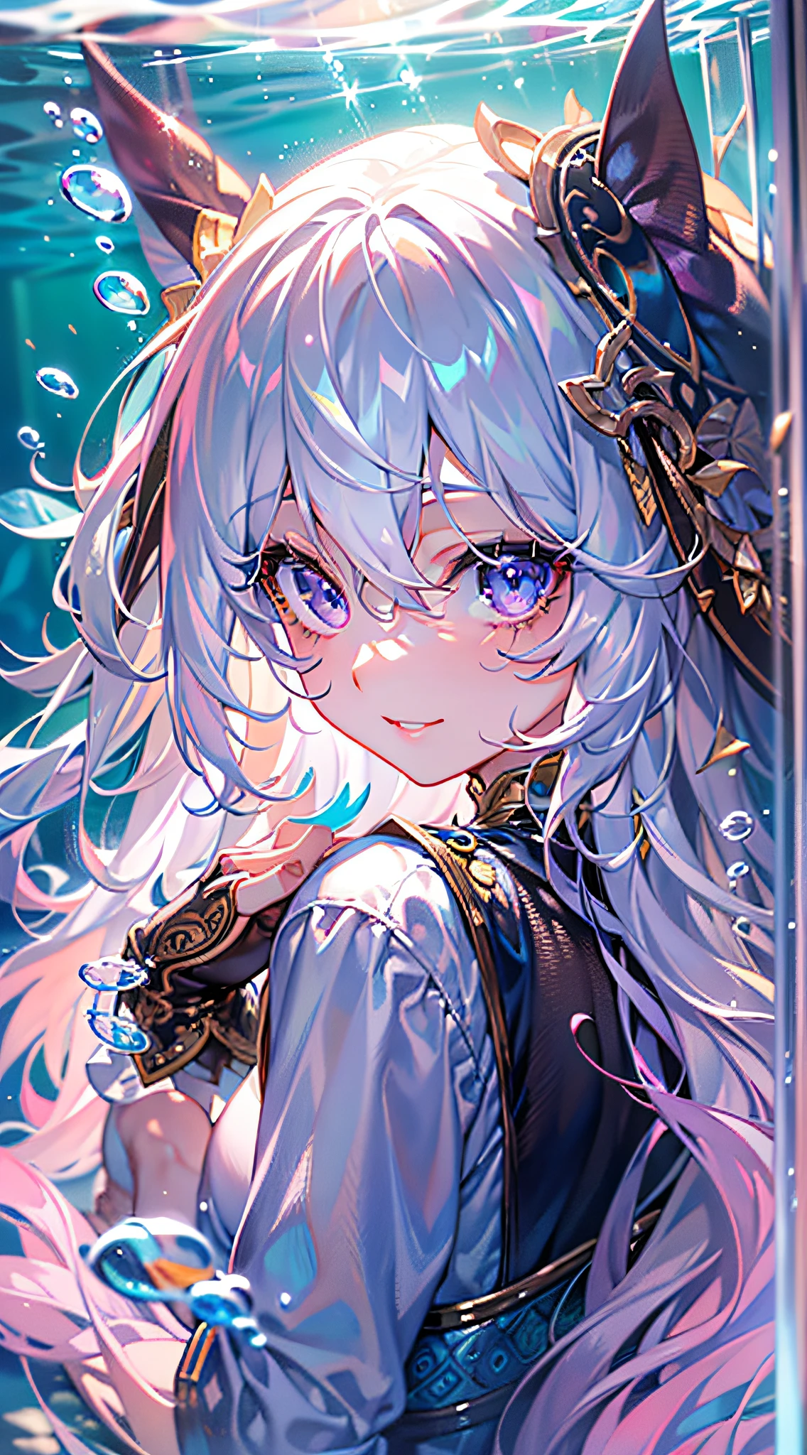 best quality, masterpiece, (realistic:1.2), 1 girl, detailed face, beautiful eyes, [(Transparent background:1.5)::5],(((masterpiece))),(((best quality))),(((extremely detailed))),illustration, 1girl,solo,mysterious,vivid color, shiny, underwater transparent sealed hemispherical glass dome, (white hair),(purple eyes), full body, barefoot, long hair tranquil nature, koi, Underwater, Dome, close up, Dynamic actions, Lens perspective,(((Box composition))),sit cross-legged and lean against the bookshelf, volumetric lighting, multi-color eyes, detailed eyes, hyper detailed, light smile, highly detailed, beautiful, small details, ultra detailed, best quality, intricate, 4k, 8k, trending on art station, good anatomy, beautiful lighting, award-winning,