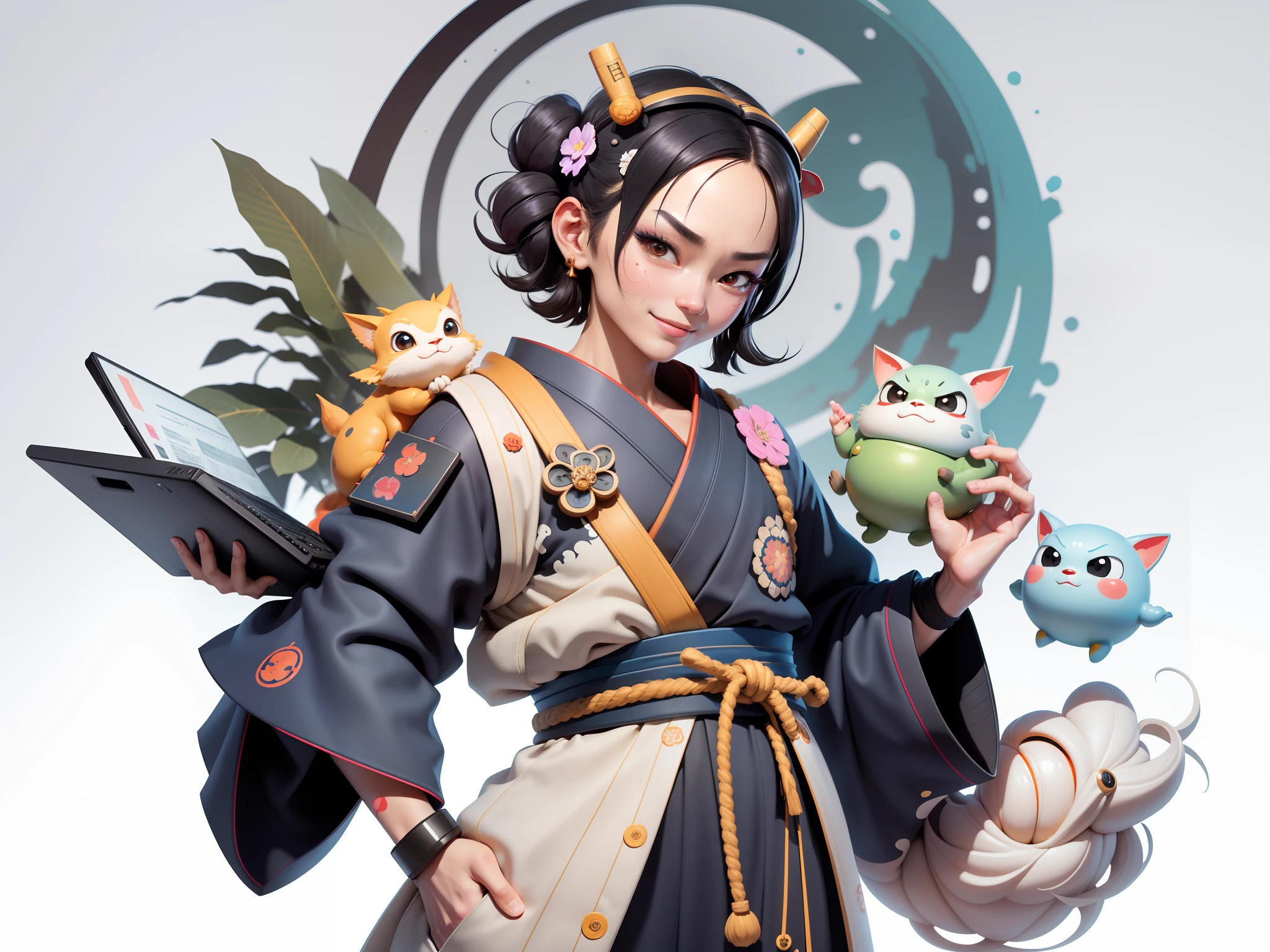 (Daisaku),(Need),(Super meticulous),(full bodyesbian:1.2),Japanese ukiyo-e girl,japanese geisha,Beautiful,Oriental dragon,Aeolian Thor,Raised sexy,爆乳,Oriental face,TV Anchor,Bust portrait illustration,Alone,In black suit,a blue tie,The face is slightly chubby,The face was clean,without a beard,Black super short hair,Black eyes,Smile confidently,3C computer sub-products,iPad, iphone,Digital painting,3D character design by Mark Clairen and Pixar and Hayao Miyazaki and Akira Toriyama,The illustration is a high-definition illustration in 4K resolution,With very detailed facial features and cartoon-style visuals。