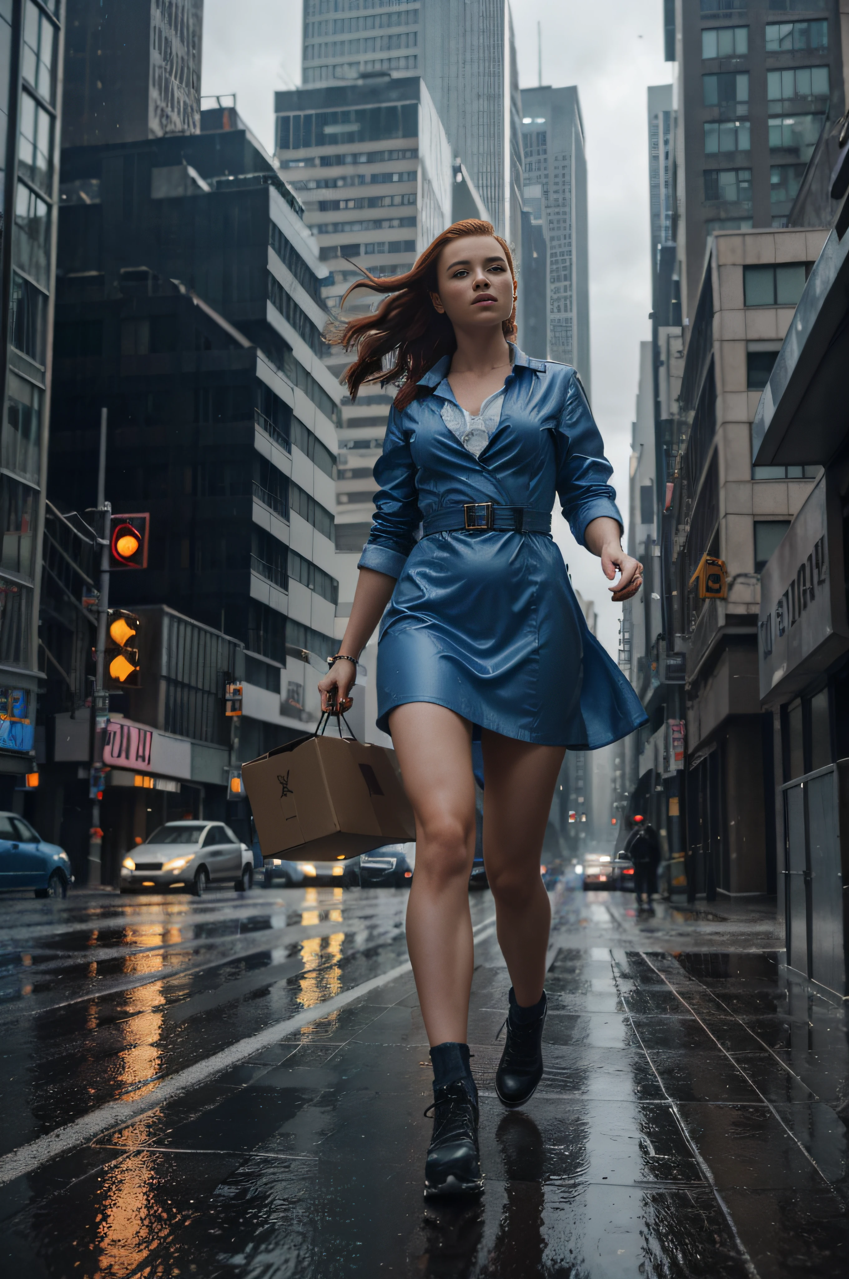 a woman in a electric blue dress is (walking) down the street, cloudy and rainy weather, delivering packages and boxes, escape from New York, military girl, soaring above a dense city, workers revolution, poster, surveillance, print, (waitress) girl, young redhead girl in motion, people run on the street, (8k, RAW photo, best quality, masterpiece:1.2), ultra high res, photorealistic:1.4), Cinematic Light, (soft volumetric lighting:1.2), (realistic, photo-realistic:1.37), detailed skin, professional lighting, Photography, Sharp focus, detailed, professional lighting, photon mapping, detailed and intricate environment, highly detailed,best quality, 8k artistic photography, photorealistic concept art, soft natural volumetric cinematic perfect light, MIDJOURNEY, 3DMDT, (cloudy and rainy weather), [cloudy and rainy weather]