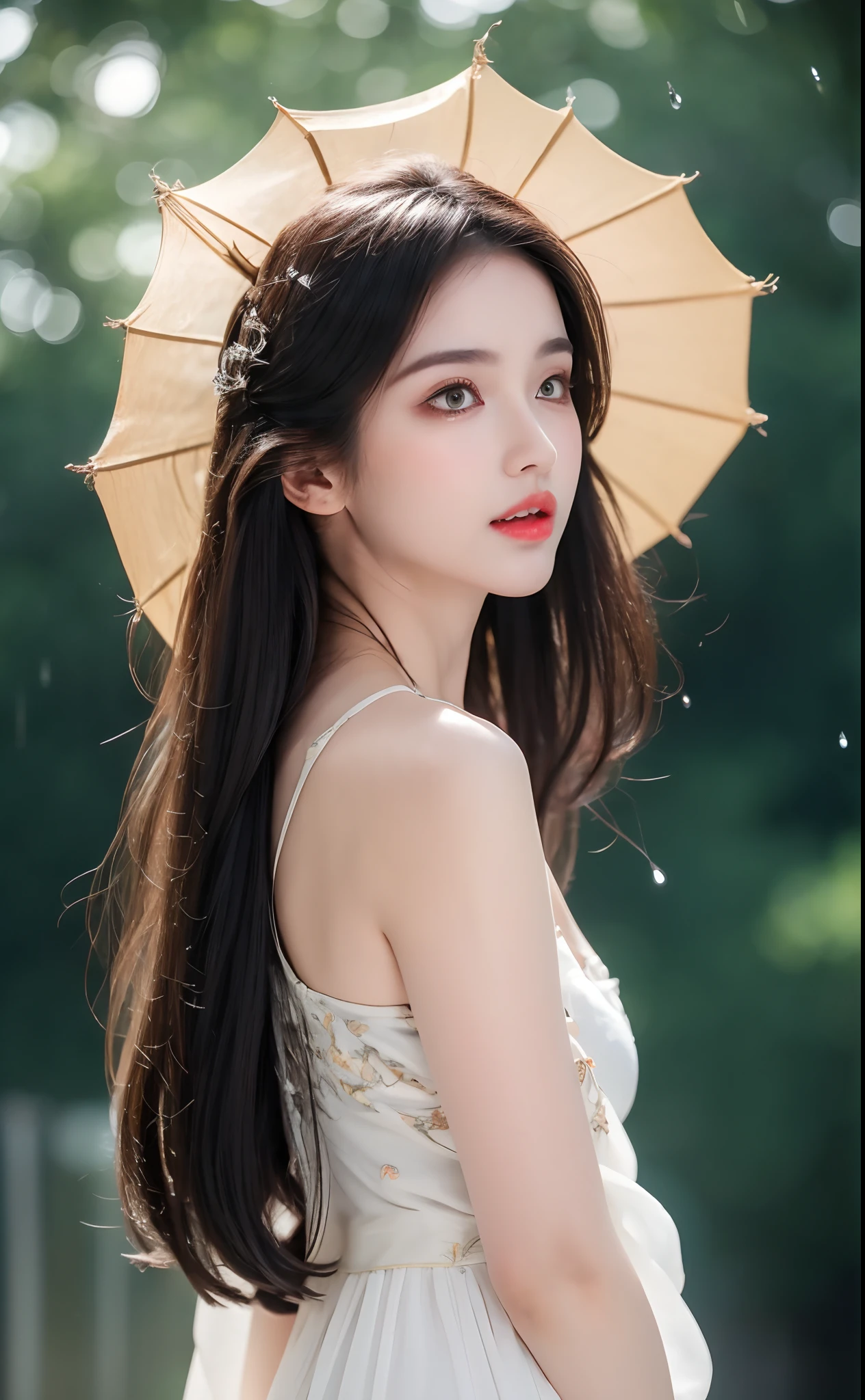 ((Best Quality, 8k, Masterpiece: 1.3)), Focus: 1.2, Perfect Body Beauty: 1.4, Buttocks: 1.2, ((Layered Haircut)), (Wet Clothes: 1.1), (Rain, Street:1.3), (Breasts: 1.2), (Hanfu: 1.2), Bare Shoulders, Bare Legs, Highly Detailed Face and Skin Texture, Fine Eyes, Double Eyelids, Whitened Skin, Long Hair, (Shut Up: 1.5), (Bokeh Background: 1.5), Big Breasts