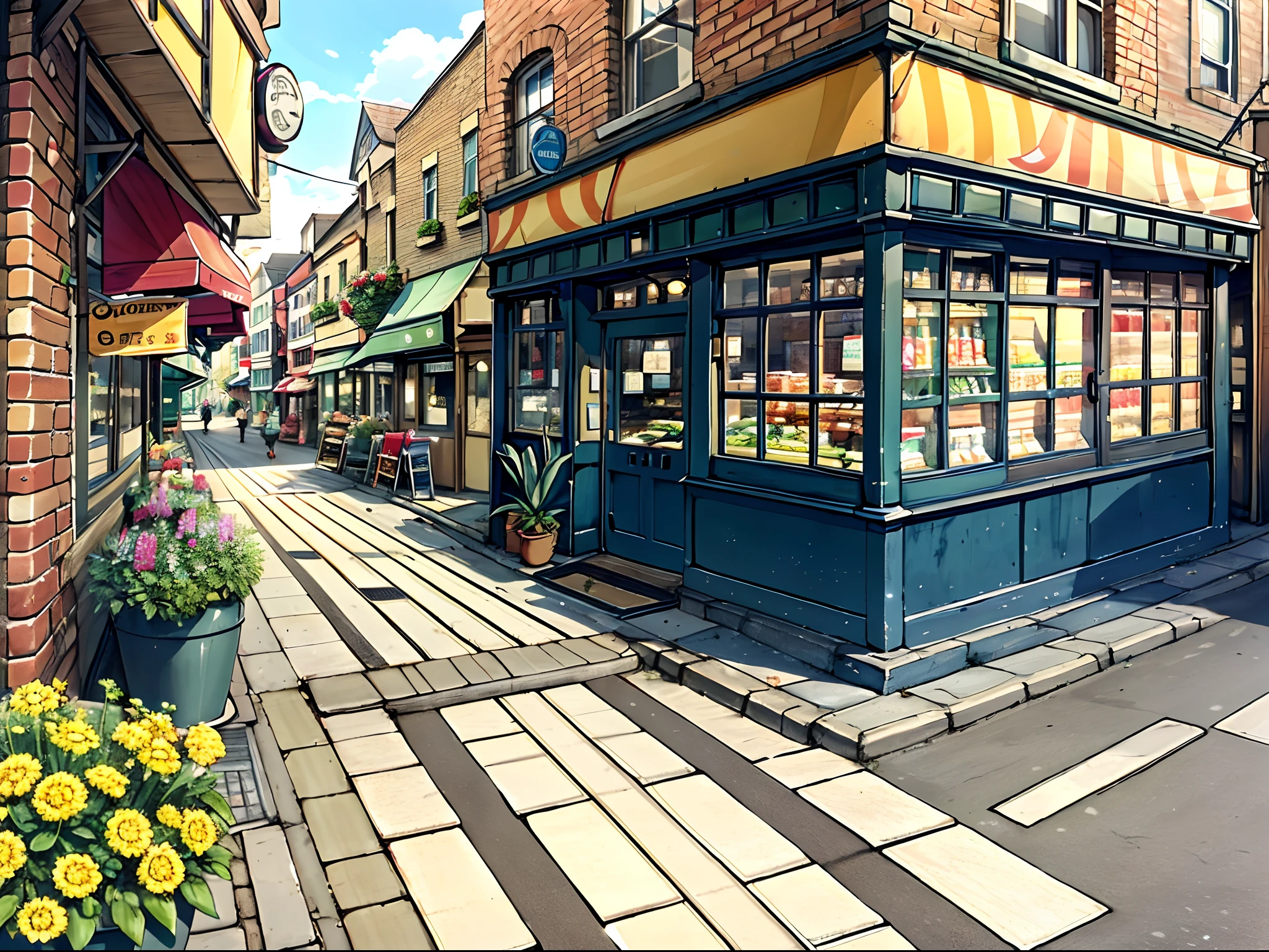 Town,alleys,Grocery store,Bluestone path,potted,pub,street corner,Shoeshiner,pedestrians,midday sunlight,