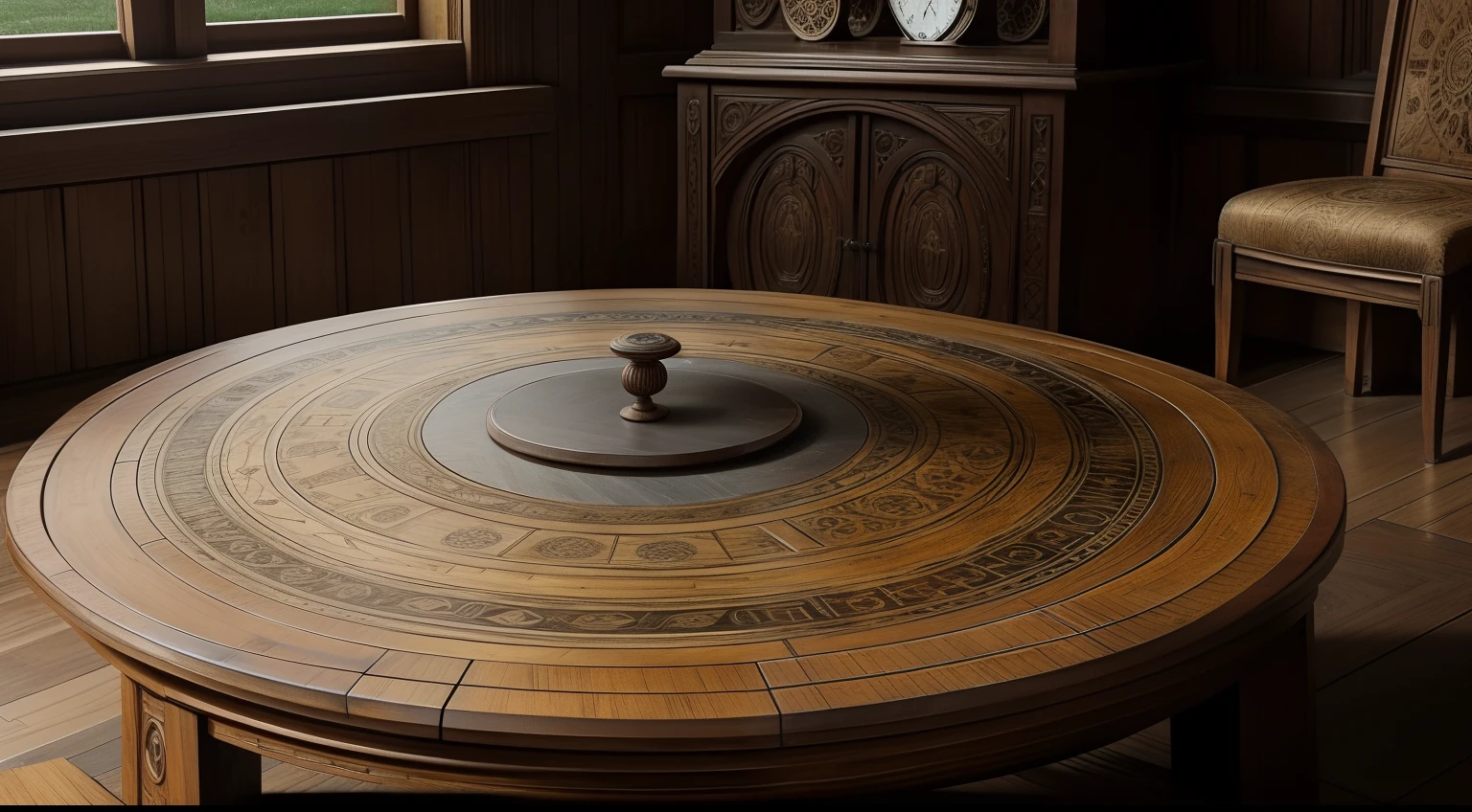 A weathered round table is placed in the center of the room, In the middle of the table stands a small clock. The clock is decorated with intricate patterns and ticking sounds. The round table and the clock seem to carry the precipitation of time, Exudes an ancient and mysterious atmosphere