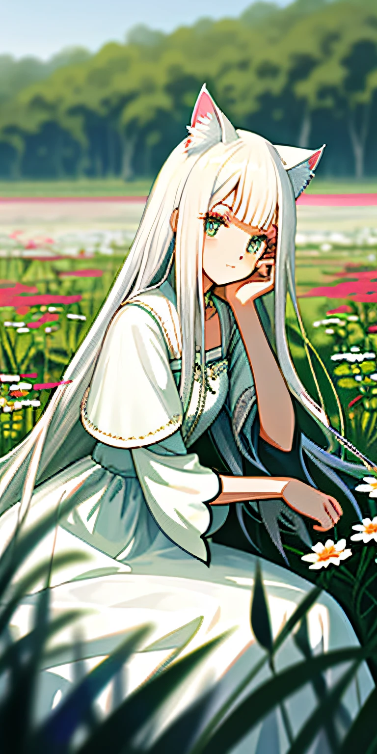 （tmasterpiece，best qualtiy），1 long girl with white hair in cat ears sitting in a field of greenery and flowers，her hand under her chin，warmly lit，white dresses，Blurred foreground