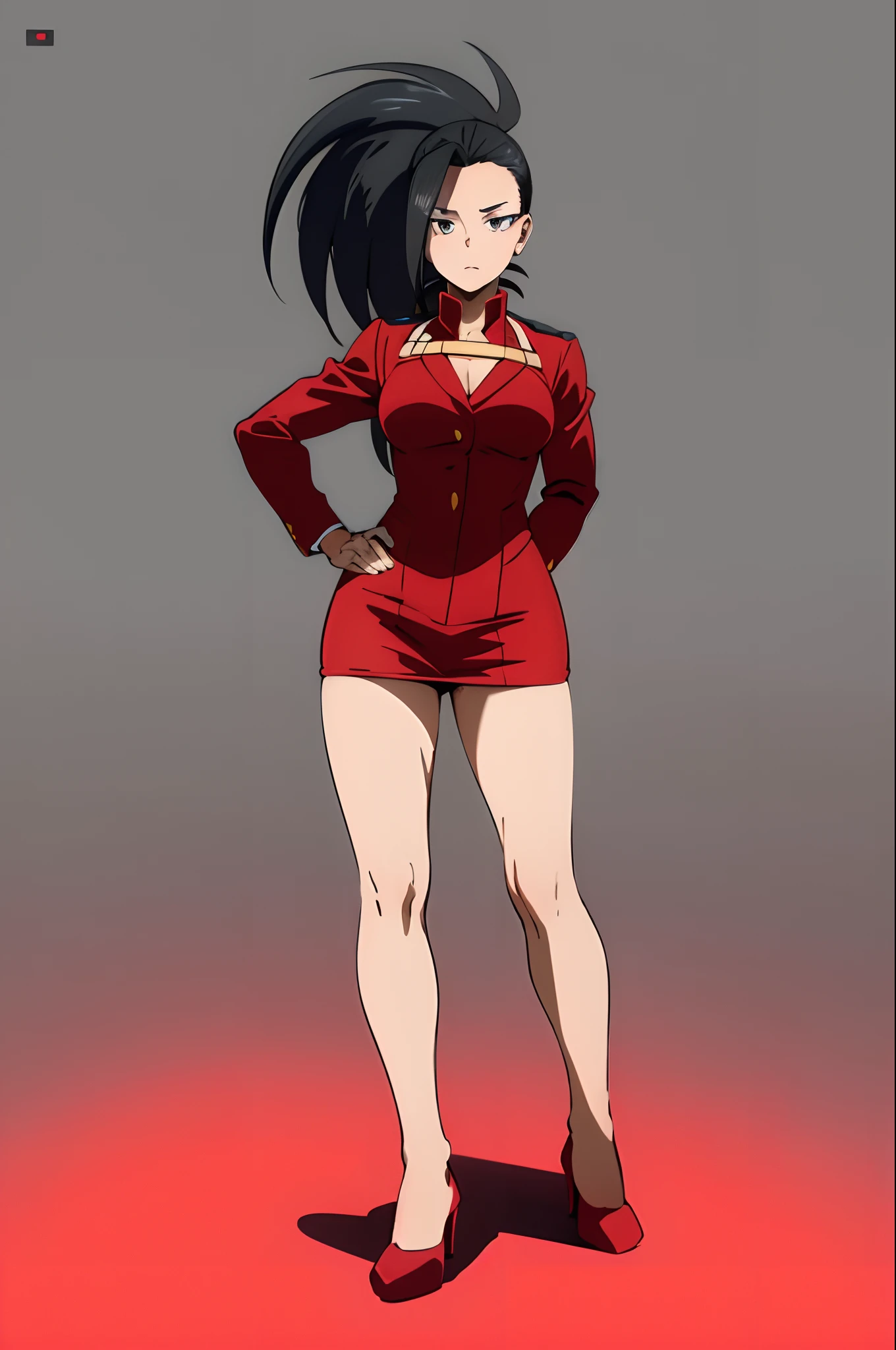 masterpiece, best quality, yaoyorozu momo, 1girl, black eyes, black hair, ponytail, long hair, hair pulled back, full body, hands on hips, standing, solo, looking at viewer, red skirt suit, red blazer, long sleeves, red pencil skirt, black high heels, simple background
