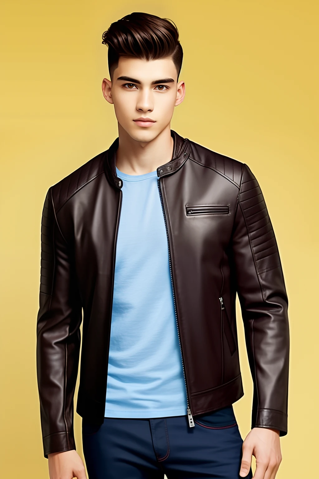 ((Top quality, 8k, Masterpiece: 1.3)), full color photo, male, both eyes, (detailed eyes), gentle face, refreshing, wink, smile, cinema lighting, dark light, one, super masculine, korean star, brown hair, luxury car front, short hair, standing, fashion model, front view (focus on full body), tempered body, luxury casual suit, jacket, black shirt, eating cucumber (front photo)