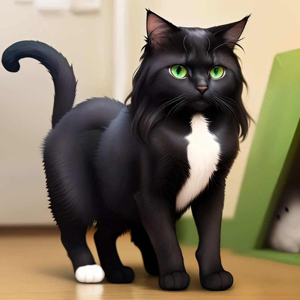 A black long-haired female cat，Slim figure，Slender limbs，The fur is soft，Green eyes，There is a bushy tail