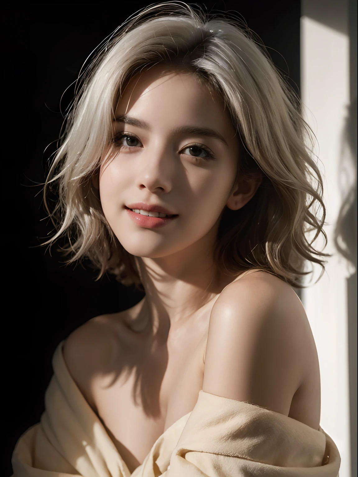 Best quality, masterpiece, ultra high res, (photorealistic:1.5), raw photo, 1girl, offshoulder, in the dark, deep shadow, low key, cold light, sexy look, white hair, short wavy hair, light smile, naked