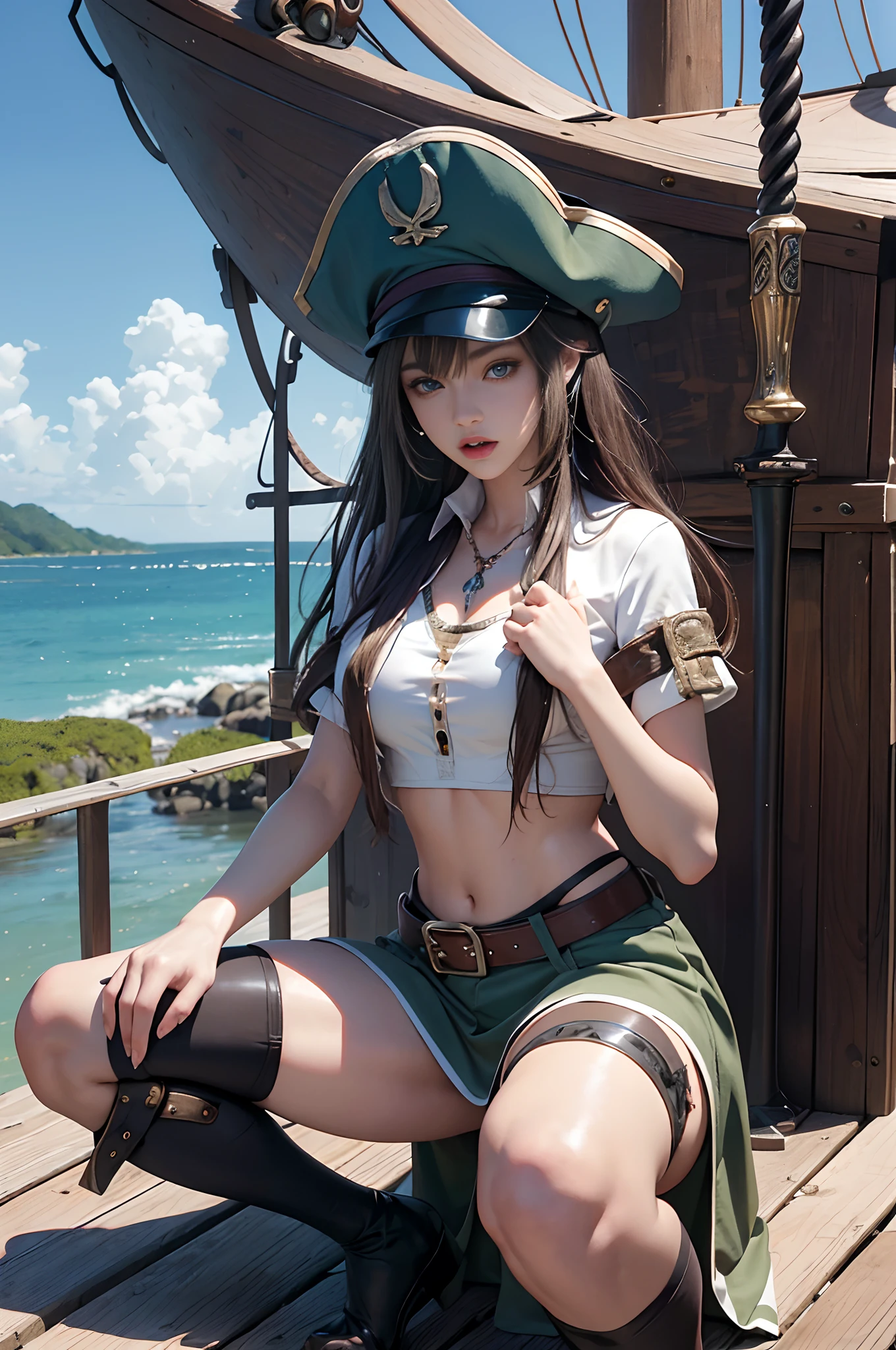 offcial art, 8K, ultra - detailed, aestheticly pleasing, tmasterpiece, top-quality, ,dynamic ungle, Cowboy shot, vivd colour, (Half: 1.2), (Dreams: 1.5), (Han Feng: 1.5),reallistic,A picture,,High school girl on a pirate ship,Dark green underwear,High school girl dressed as a pirate,a navel,The sword,Gun,captain,Skull Mark Cap,A sexy,erotick, (Sit on the ground and squat)((spread their legs))、(Spread your legs apart)))