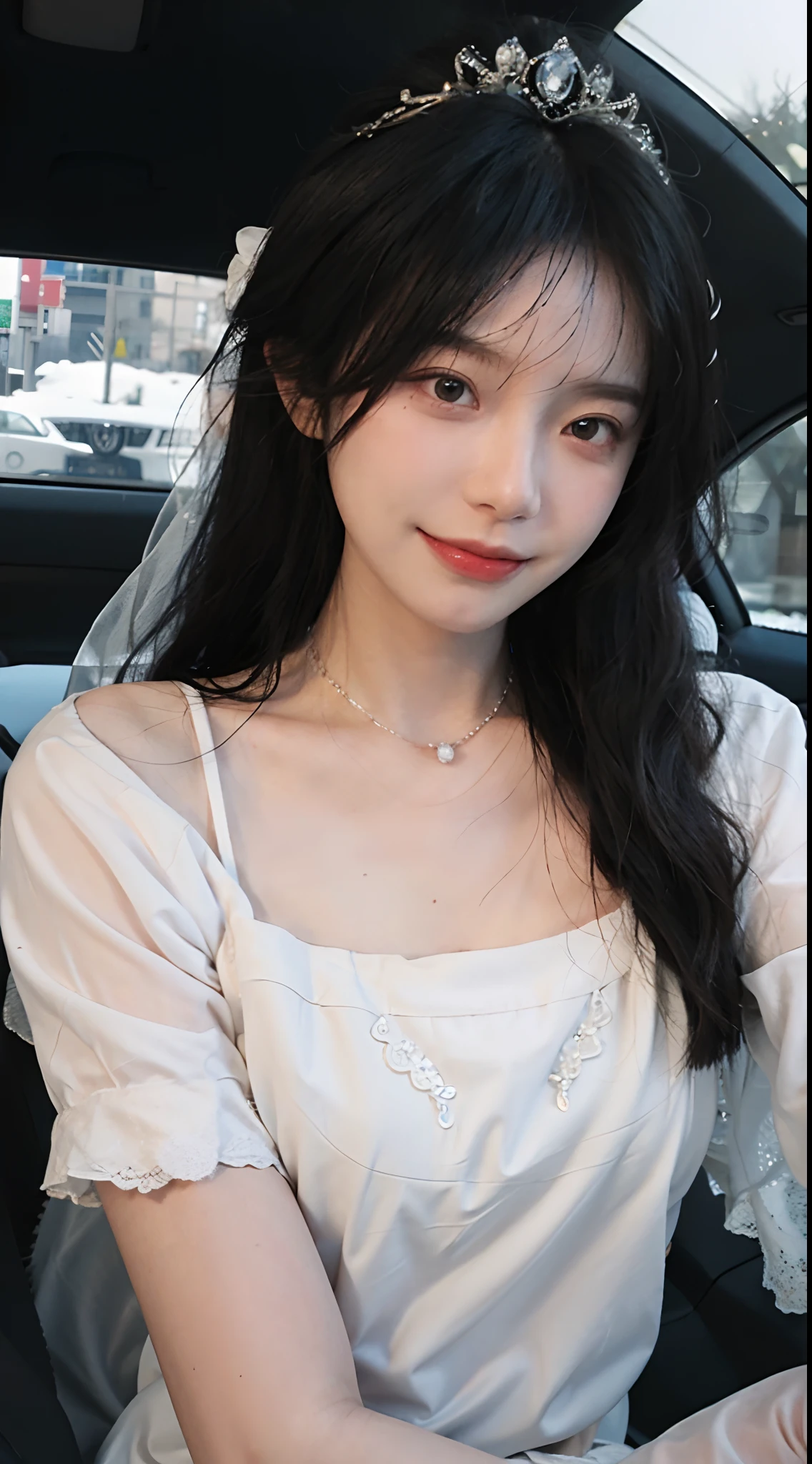 best qualtiy,tmasterpiece,超高分辨率,(realisticlying:1.4),2girls,winking,self-shot,,Gauze clothes,,Large wavy curls,Goose egg face,tiara crown,Enchanted smile,二重まぶた,A pair of peach blossom eyes,Lace wedding dress,Pure,choker necklace,adolable,Snow-white translucent skin,head straight-looking at viewer,In the Maserati car,Full of atmosphere,hair pin:1.4,(The upper part of the body:1.4),
