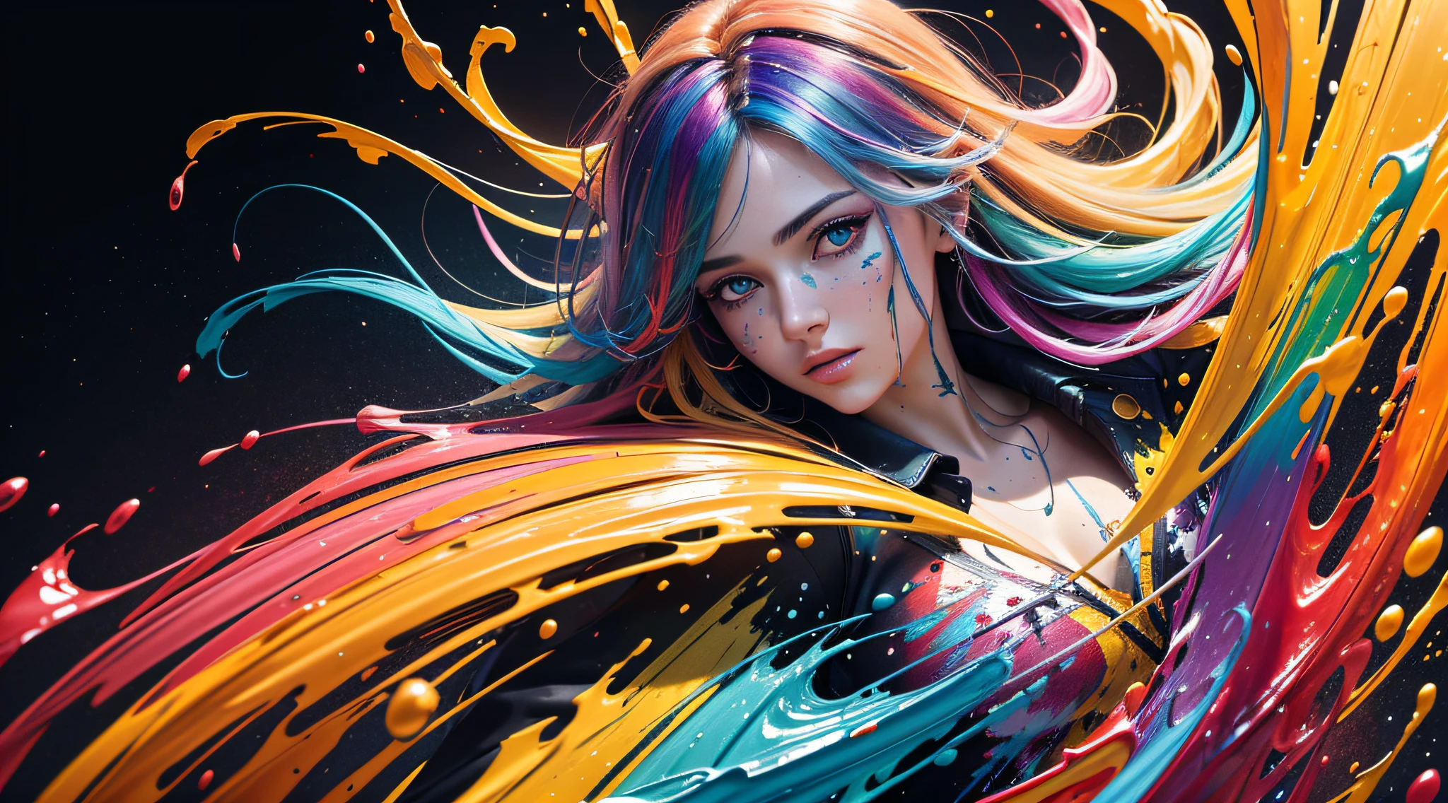 8k, RAW photo, realistic, photo-realistic, hyper-realistic, highest quality, best quality, masterpiece, highly detailed, absurdres,
masterpiece, best quality, (extremely detailed CG unity 8k wallpaper, masterpiece, best quality, ultra-detailed, best shadow), (detailed background), (beautiful detailed face, beautiful detailed eyes), High contrast, (best illumination), 1girl, Australian, multicoloured hair, beautiful, ((colourful paint splashes on transparent background, dulux)), ((caustic)), dynamic angle,beautiful detailed glow,full body, cowboy shot,