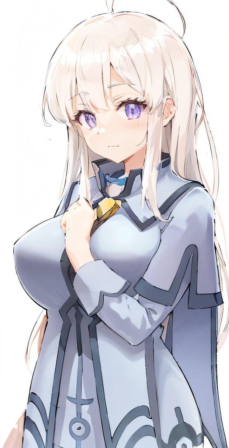 Cartoon image of a woman with white hair and purple eyes, white-haired god, holograph, Portrait Chevaliers du Zodiaque Fille, cel - shaded art style, holding a pudica pose, made with anime painter studio, anime style like fate/stay night, small curvaceous loli, anime moe art style, clean cel shaded,