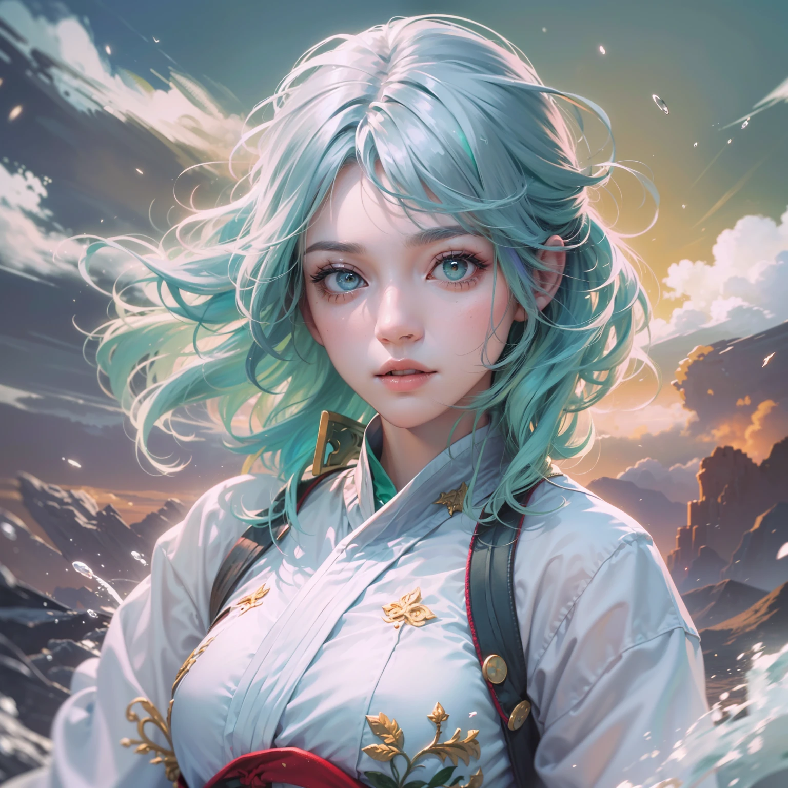 (((quality:HD fine))), Superb quality, Beautiful, Stunning CG Unity 8k wallpaper, The best illustrations, Extremely delicate and beautiful, afloat, A high resolution, dynamic angle, dynamicposes, (one-girl), eBlue eyes, (Colorful hair+Silvery hair:1.3+red tinted hair:1.2+Purple colored hair+Yellow hair:1.3+Green hair:1.3), White martial arts costume, Neck strap, beautiful countenance, too many drops of water, Clouds, eventide, wide angles, Watercolor effect