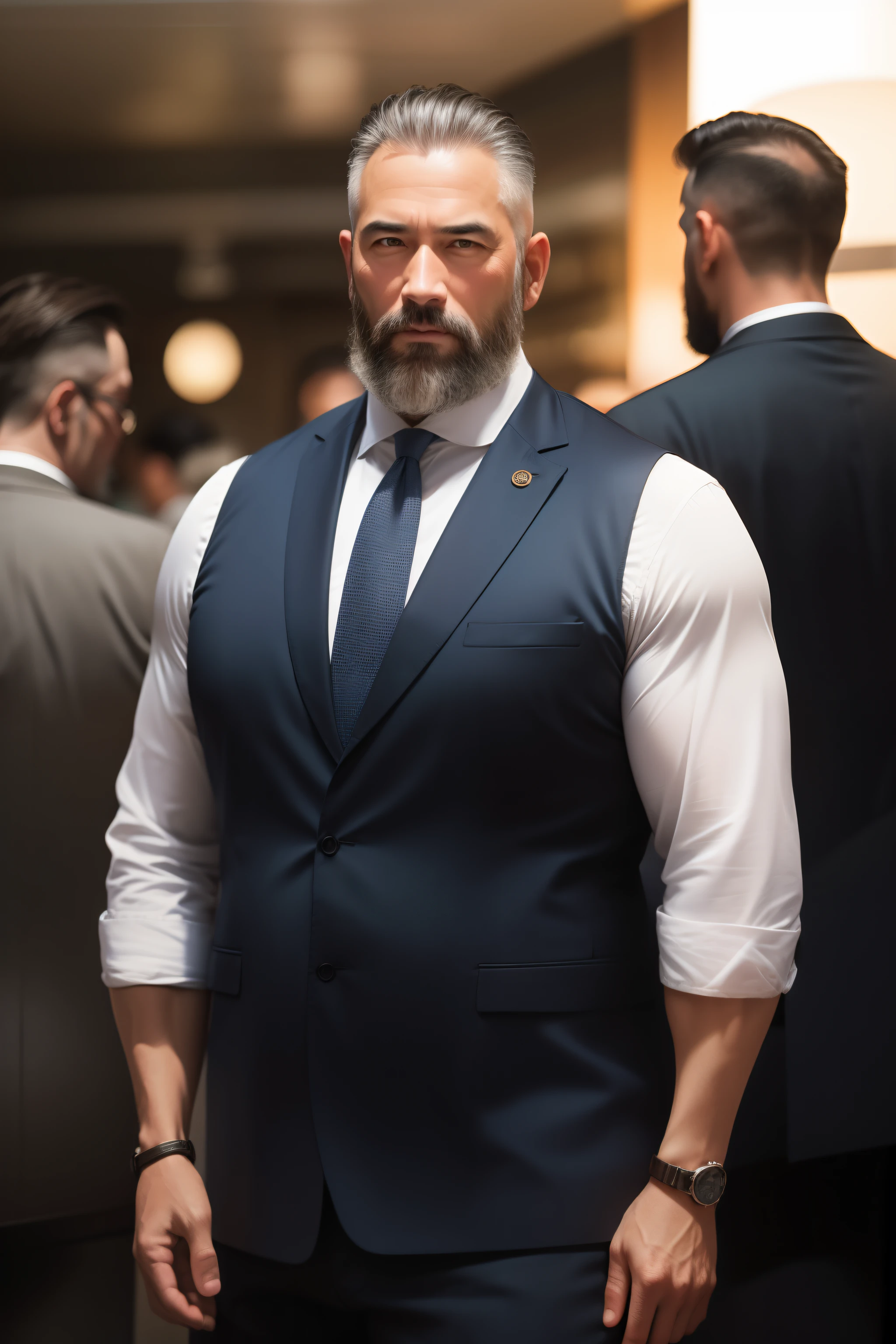 Several middle-aged men wearing well-fitting suits，Beard，detailed back ground，plumw，Asia face，attractive man,50-year-old man