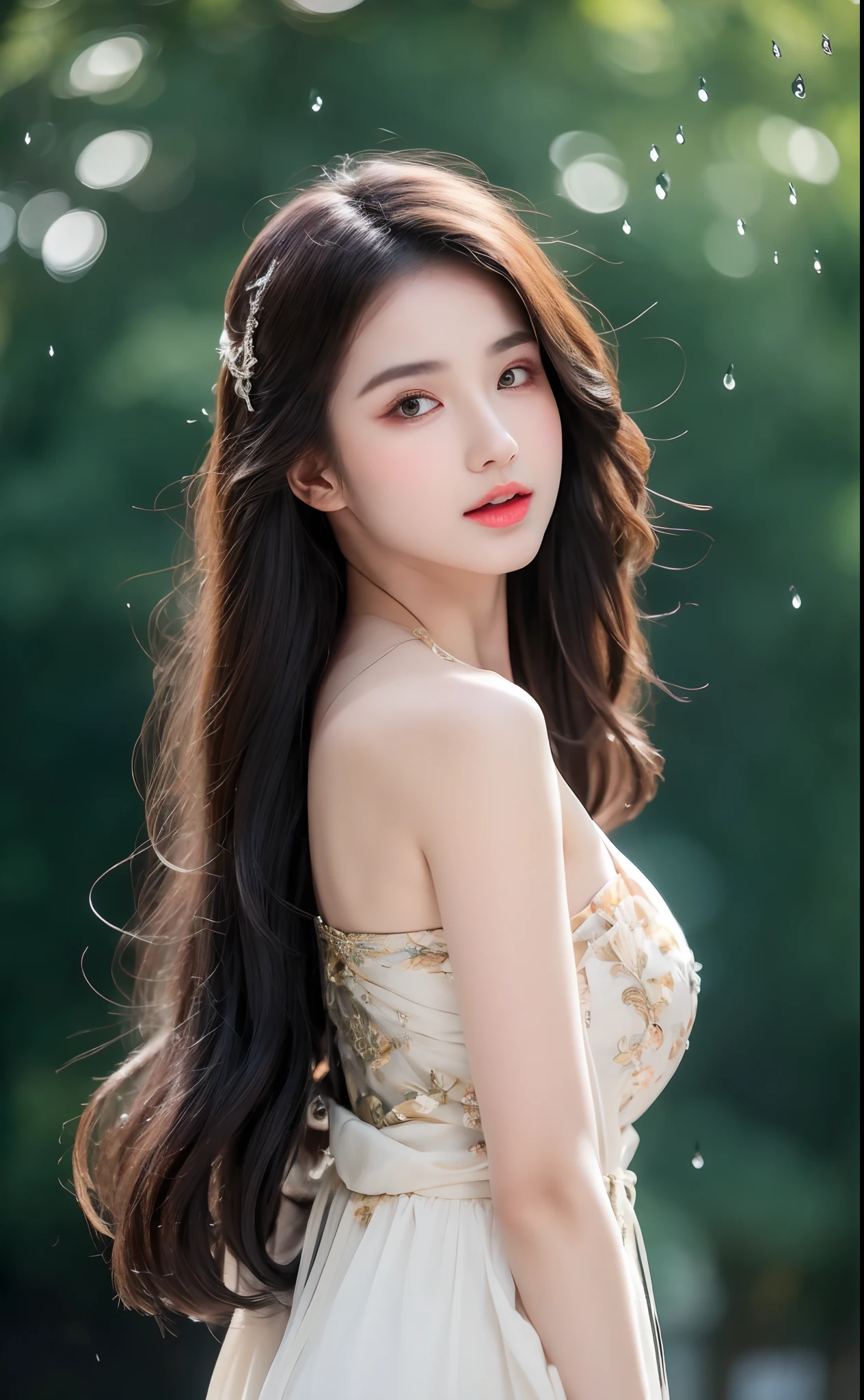 ((Best Quality, 8k, Masterpiece: 1.3)), Focus: 1.2, Perfect Body Beauty: 1.4, Buttocks: 1.2, ((Layered Haircut)), (Wet Clothes: 1.1), (Rain, Street:1.3), (Breasts: 1.2), (Hanfu: 1.2), Bare Shoulders, Bare Legs, Highly Detailed Face and Skin Texture, Fine Eyes, Double Eyelids, Whitened Skin, Long Hair, (Shut Up: 1.5), (Bokeh Background: 1.5), Big Breasts