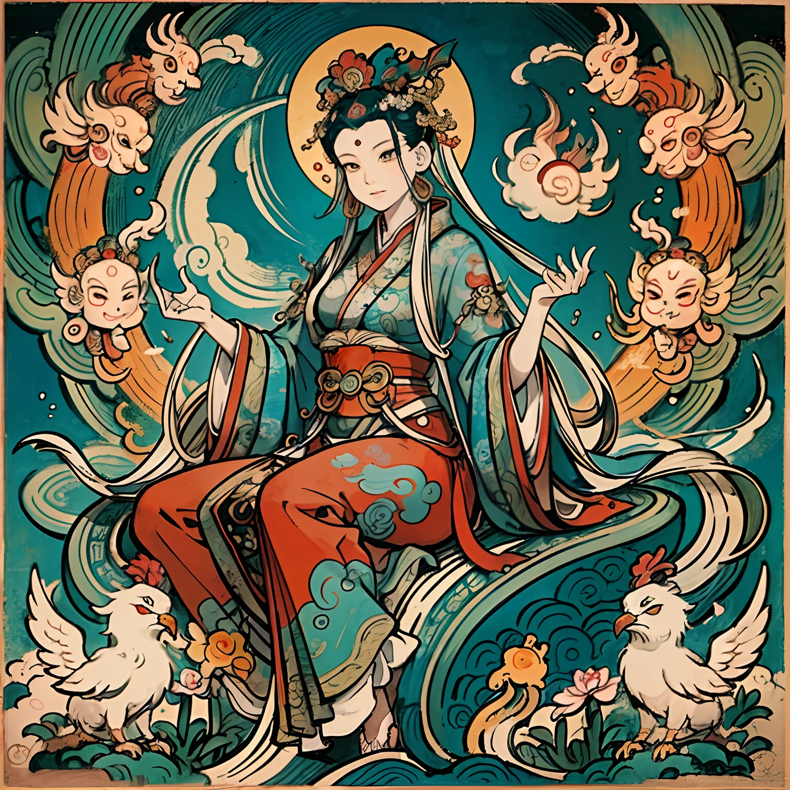 an ancient Chinese goddess, guanyin of the southern seas, Guanyin, Inspired by India, Avalokiteshvara rides a phoenix,,Serene expression,shui mo hua,Buddha,Buddhist,Lotus,Chinese painting style,Thangka style