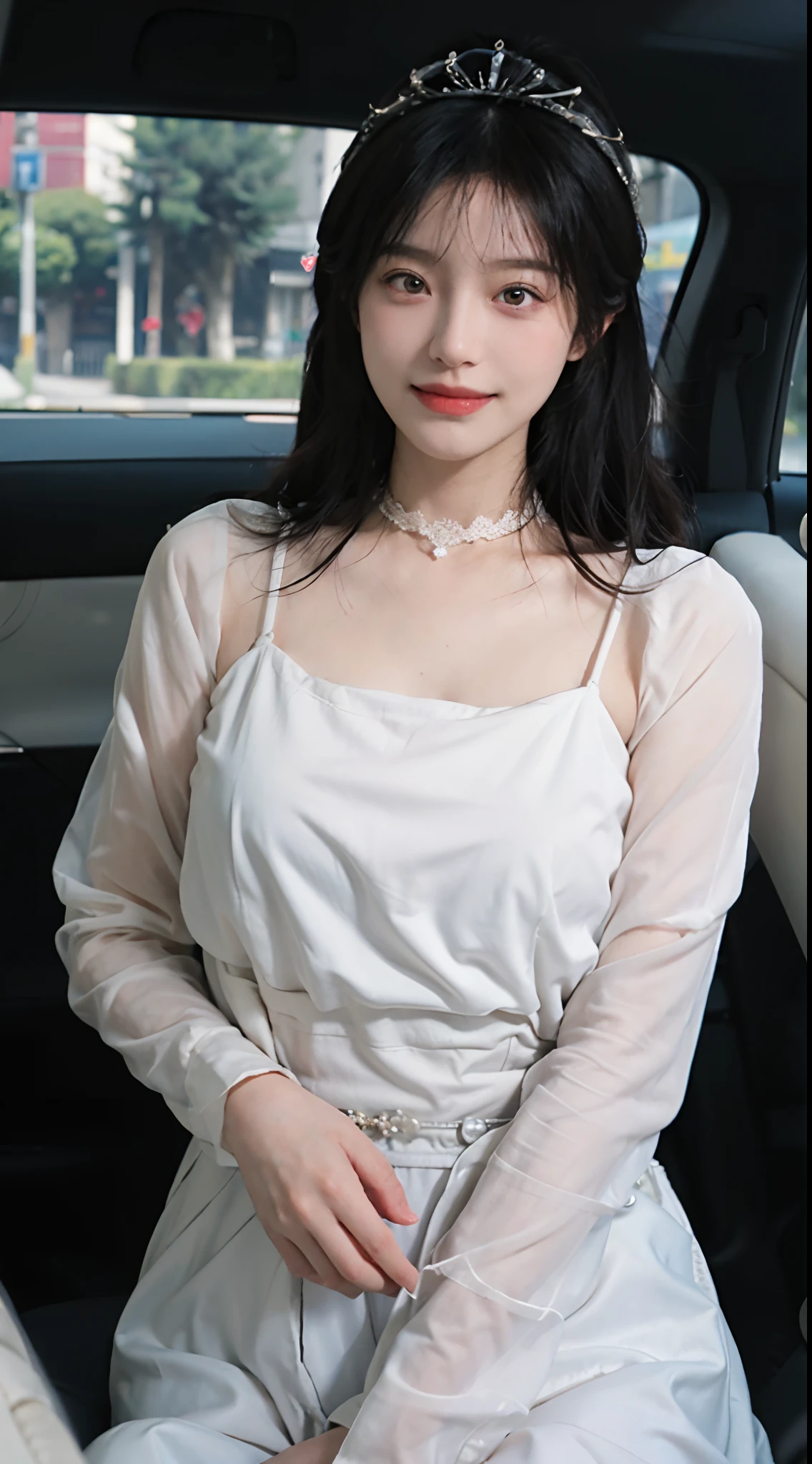 ((Small underboob)), (shoulder length straight short hair:1.0), Black hair,Upper body, （Extremely meticulous CG 8k wallpaper），（Extremely refined and beautiful），（Masterpiece），（best qualtiy：1.0），（Ultra High Resolution：1.0），beautiful light up，Perfect lightning，realistic shaded，[A high resolution]，Smooth and flawless fair skin，Extremely exquisite facial details，（perfect body：1.1），ultra - detailed，A beautiful girl，small head,glasses,(Small breasts:1.1)，Flat chests，slim，thin，Smile，cheerfulness，(White sleeveless sweater:1.5),(white pantyhose:1.5），autumn，Morning,in a spacious private car,A female driver,(lying on back on the seat:1.5),(steering wheel:1.5),intently driving car,safety belt,Shot,(cowboy shot:1.3),as if the camera is on the passenger seat,(Portrait above chest level:1.3),looking straight ahead,