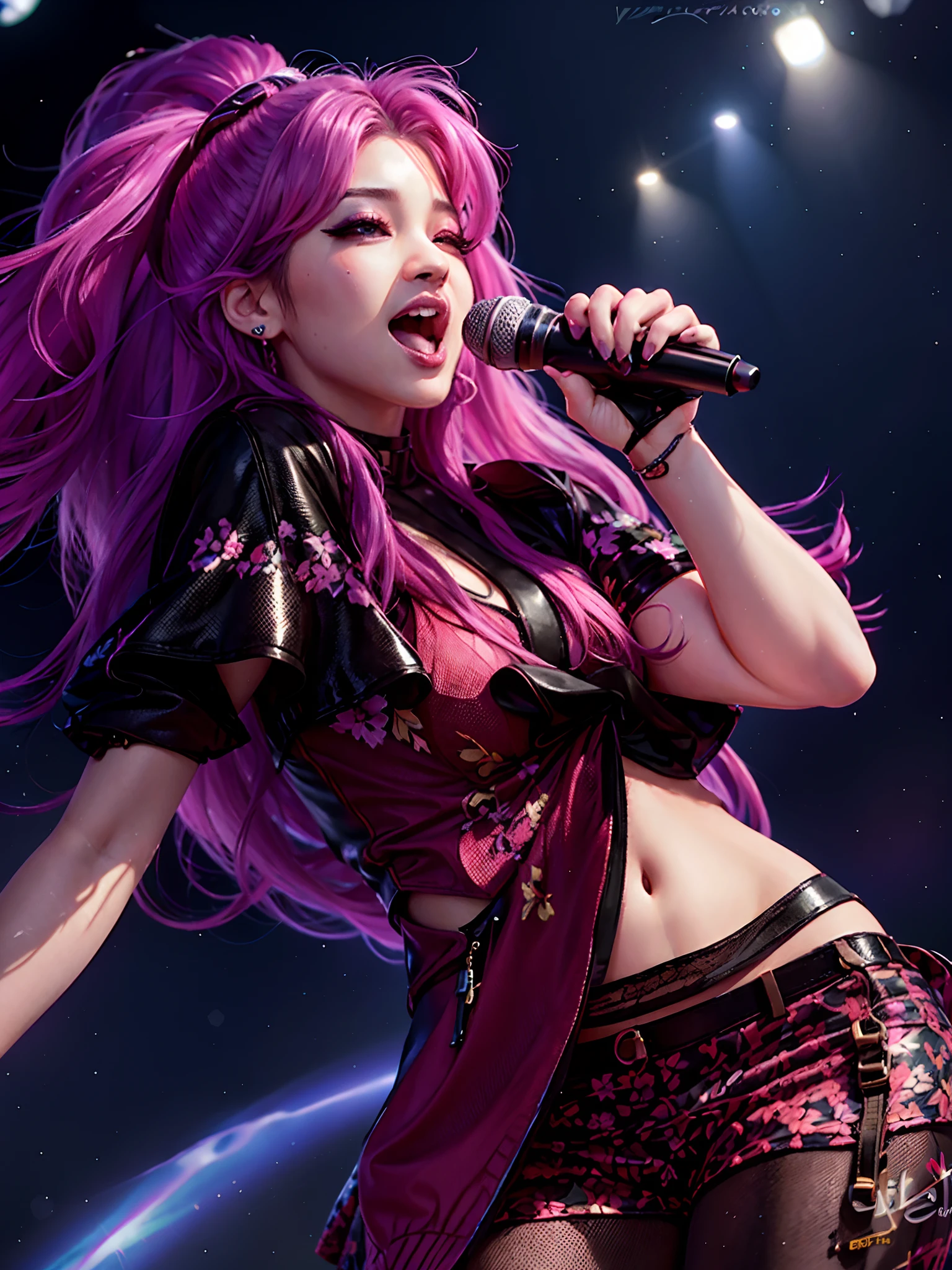 Araffe girl with pink hair and a microphone in hand, Portrait of female Korean idol, Estrela coreana do KPOP, 韓国アイドル, vocalista, Retrato de Jossi de Blackpink, portrait of kpop idol, inspirado em Sim Sa-jeong, singing for you, inspirado em Kim Deuk-sin, Estrela KPOP, Inspirado em Song Maojin