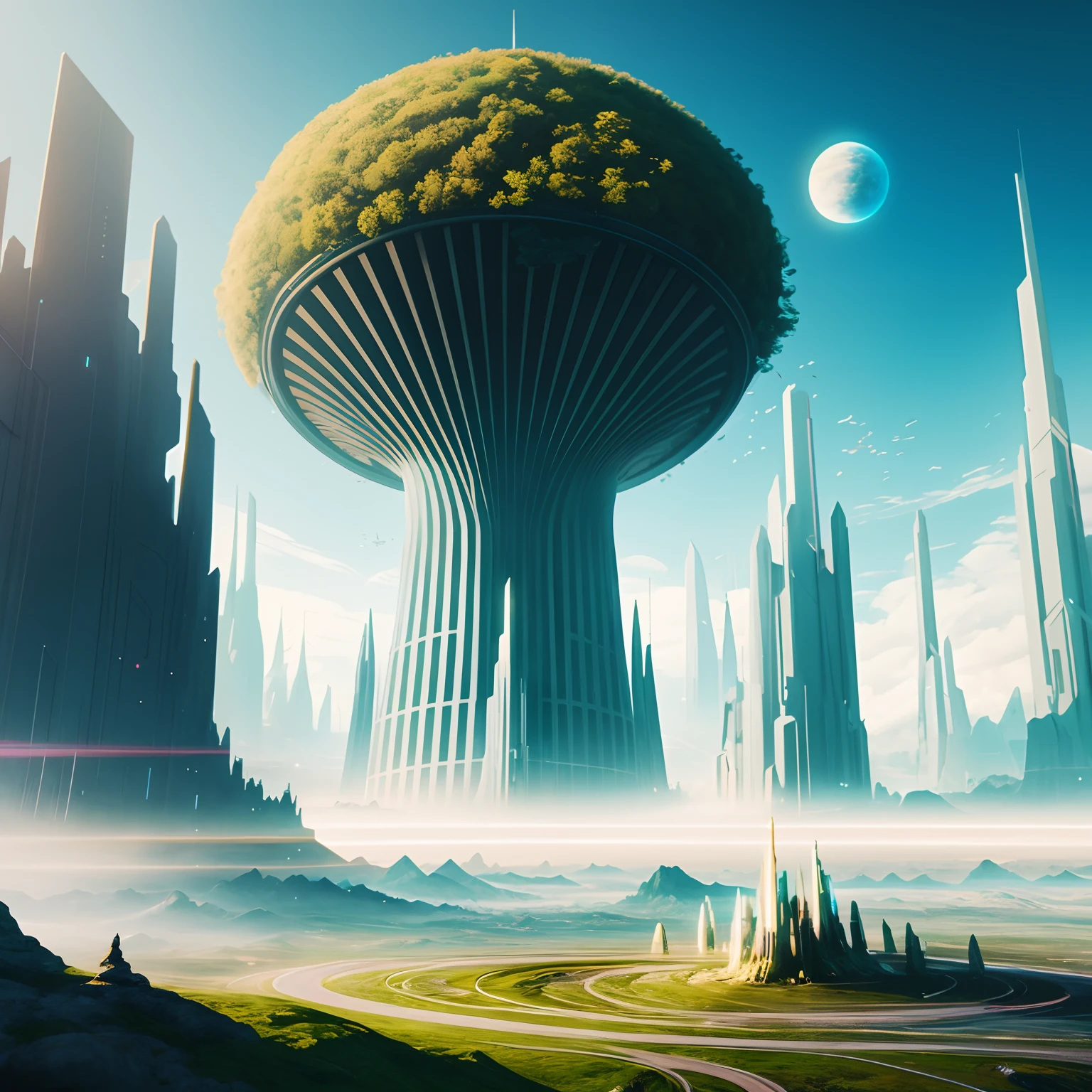 um close up de uma cidade futurista com um planeta ao fundo, epic fantasy sci fi illustration, arstation e bipe altamente, Arte digital altamente detalhada em 4k, planeta fantasia, Sci-Fi Digital Art Illustration, 3 d render bipe, arte do bipe, epic dreamlike fantasy landscape, symmetrical fantasy landscape, por beeple