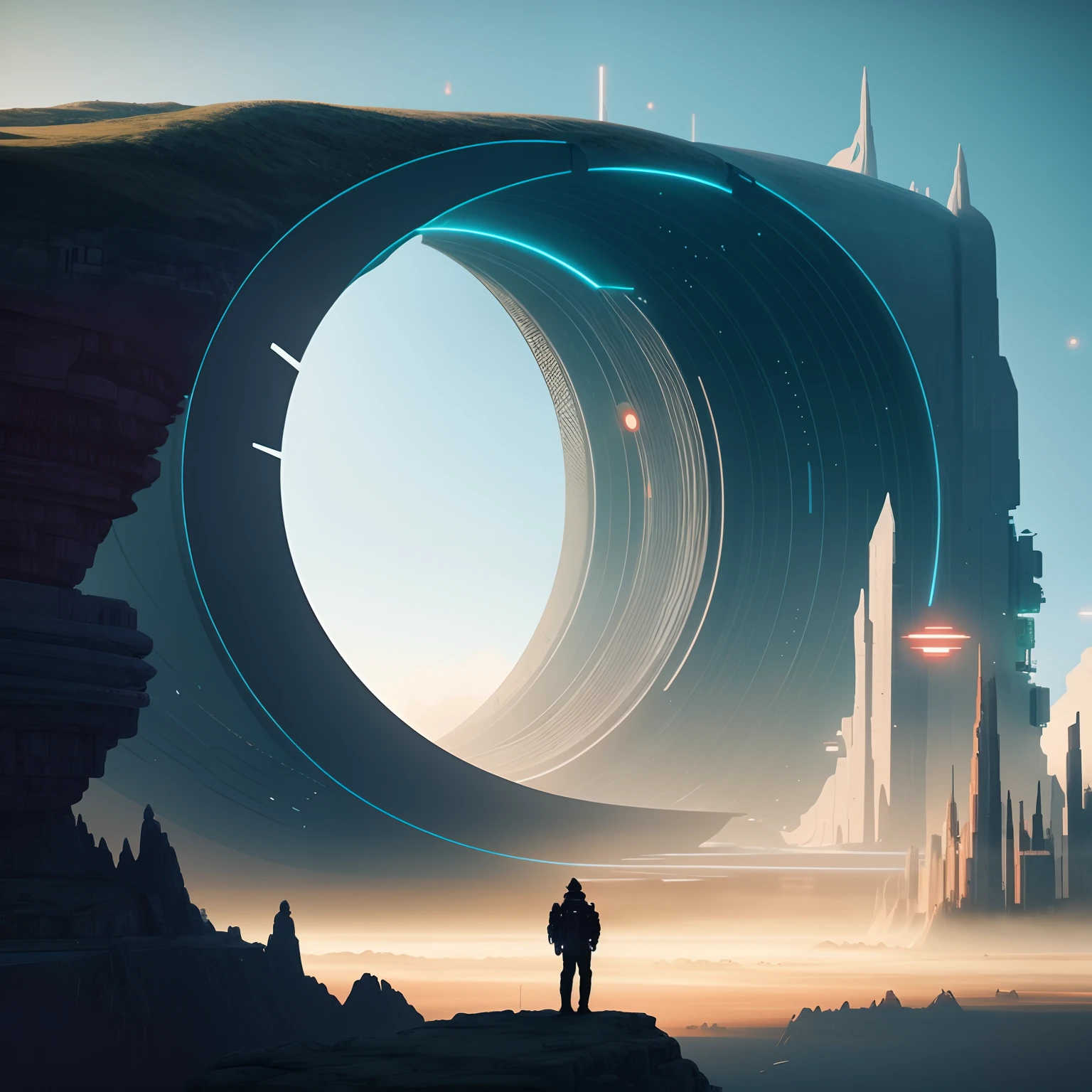 um close up de uma cidade futurista com um planeta ao fundo, epic fantasy sci fi illustration, arstation e bipe altamente, Arte digital altamente detalhada em 4k, planeta fantasia, Sci-Fi Digital Art Illustration, 3 d render bipe, arte do bipe, epic dreamlike fantasy landscape, symmetrical fantasy landscape, por beeple